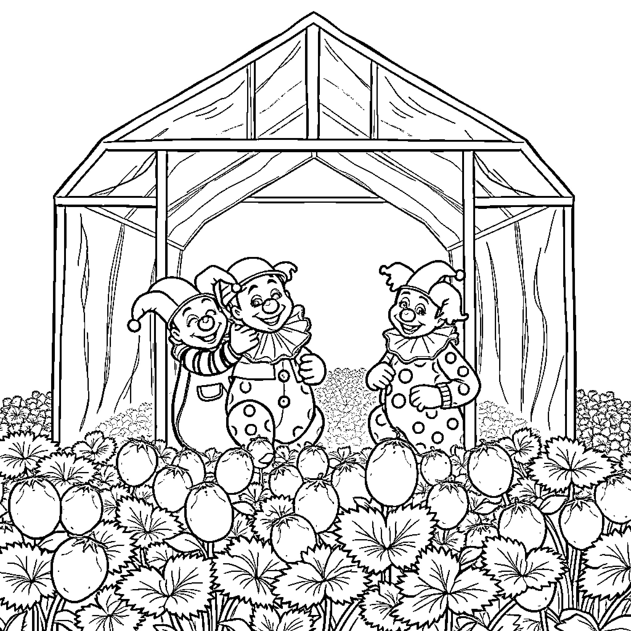 Clown performers in a flower-filled gazebo Coloring Page (free black-and-white line drawing printable PDF for all, from beginners to advanced learners, including children, teens, adults, and seniors)