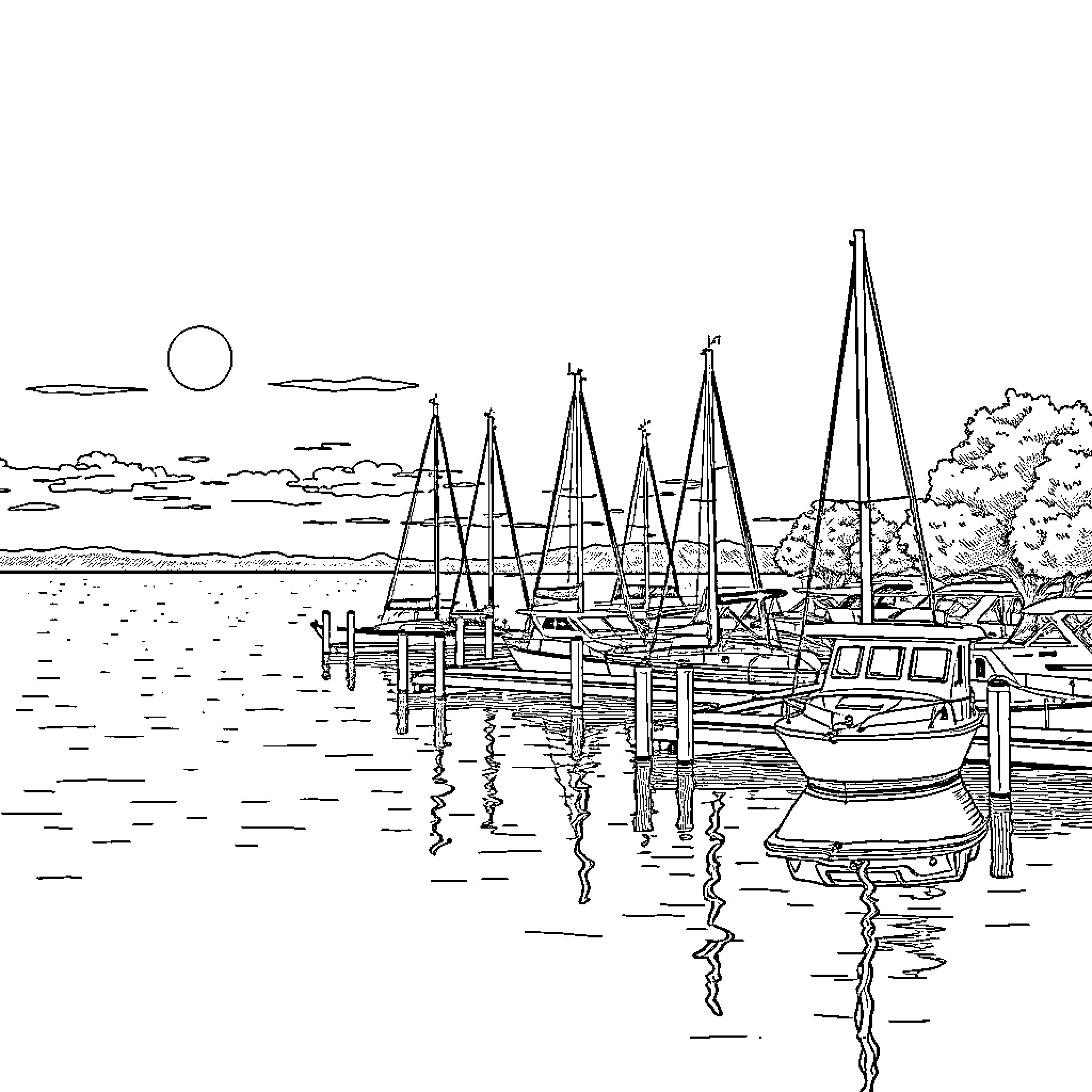 Marina with Docked Sailboats and Tranquil Scenery Coloring Page (free black-and-white line drawing printable PDF for all, from beginners to advanced learners, including children, teens, adults, and seniors)