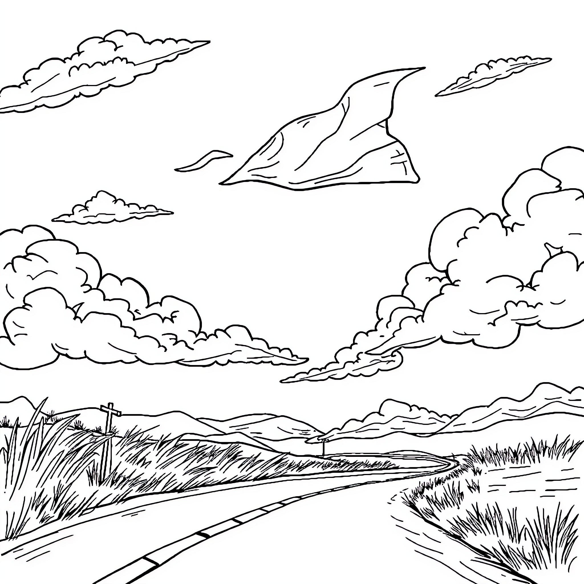 Paper Road: Winding Path Through Scenic Landscape Coloring Page (free black-and-white line drawing printable PDF for all, from beginners to advanced learners, including children, teens, adults, and seniors)