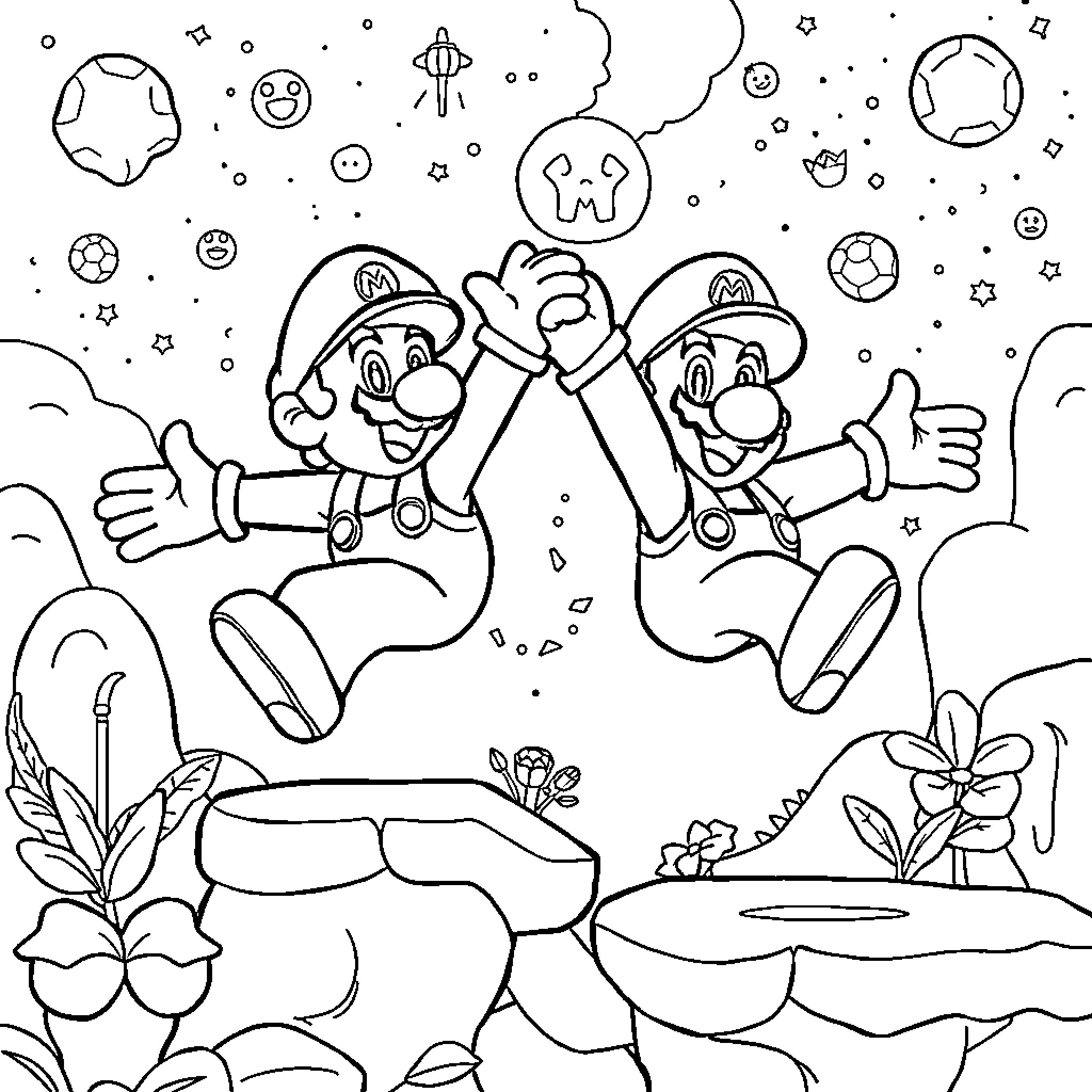 Mario and Luigi Explore the Whimsical Cosmos Coloring Page (free black-and-white line drawing printable PDF for all, from beginners to advanced learners, including children, teens, adults, and seniors)