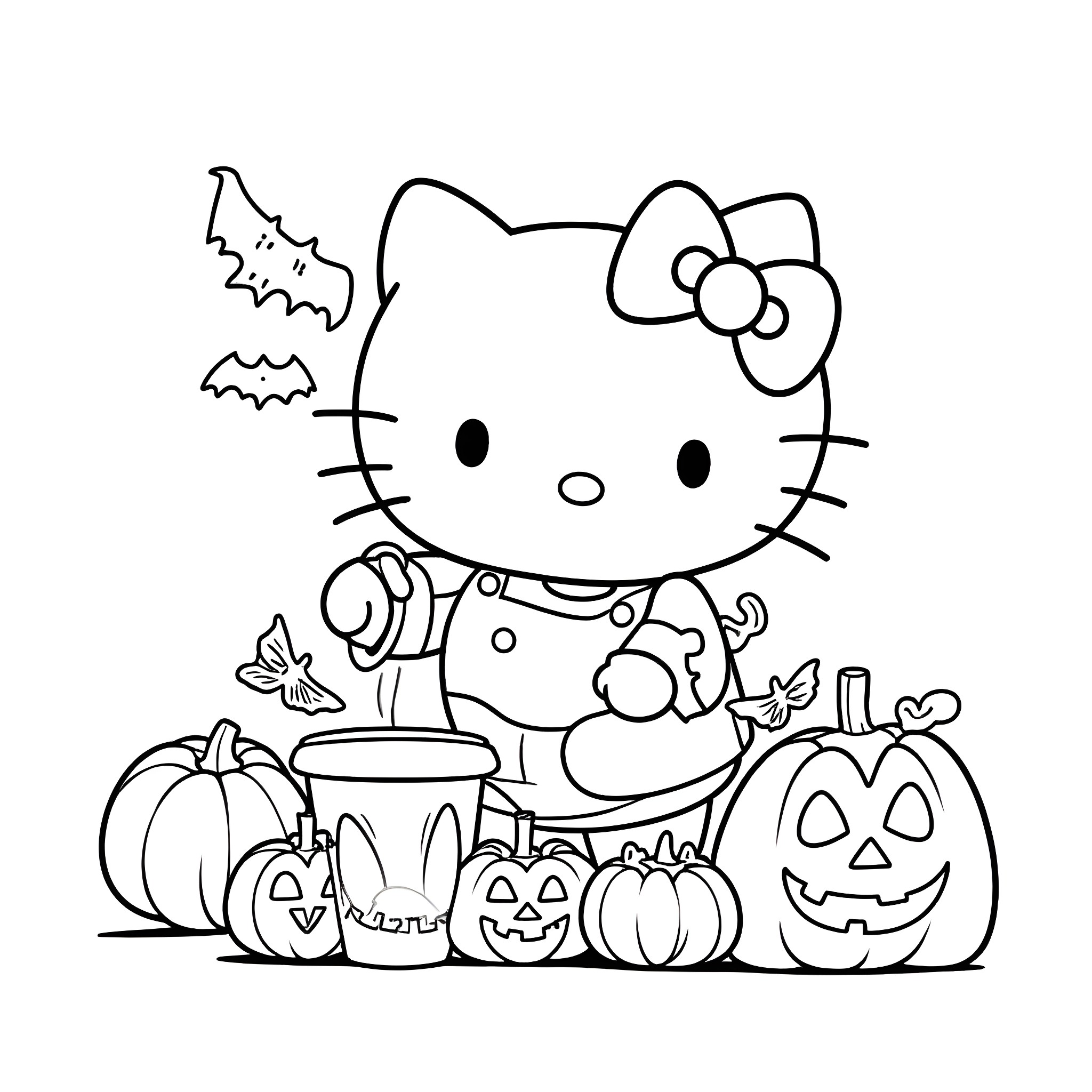 Hello Kitty's Halloween Adventures Coloring Page (free black-and-white line drawing printable PDF for all, from beginners to advanced learners, including children, teens, adults, and seniors)