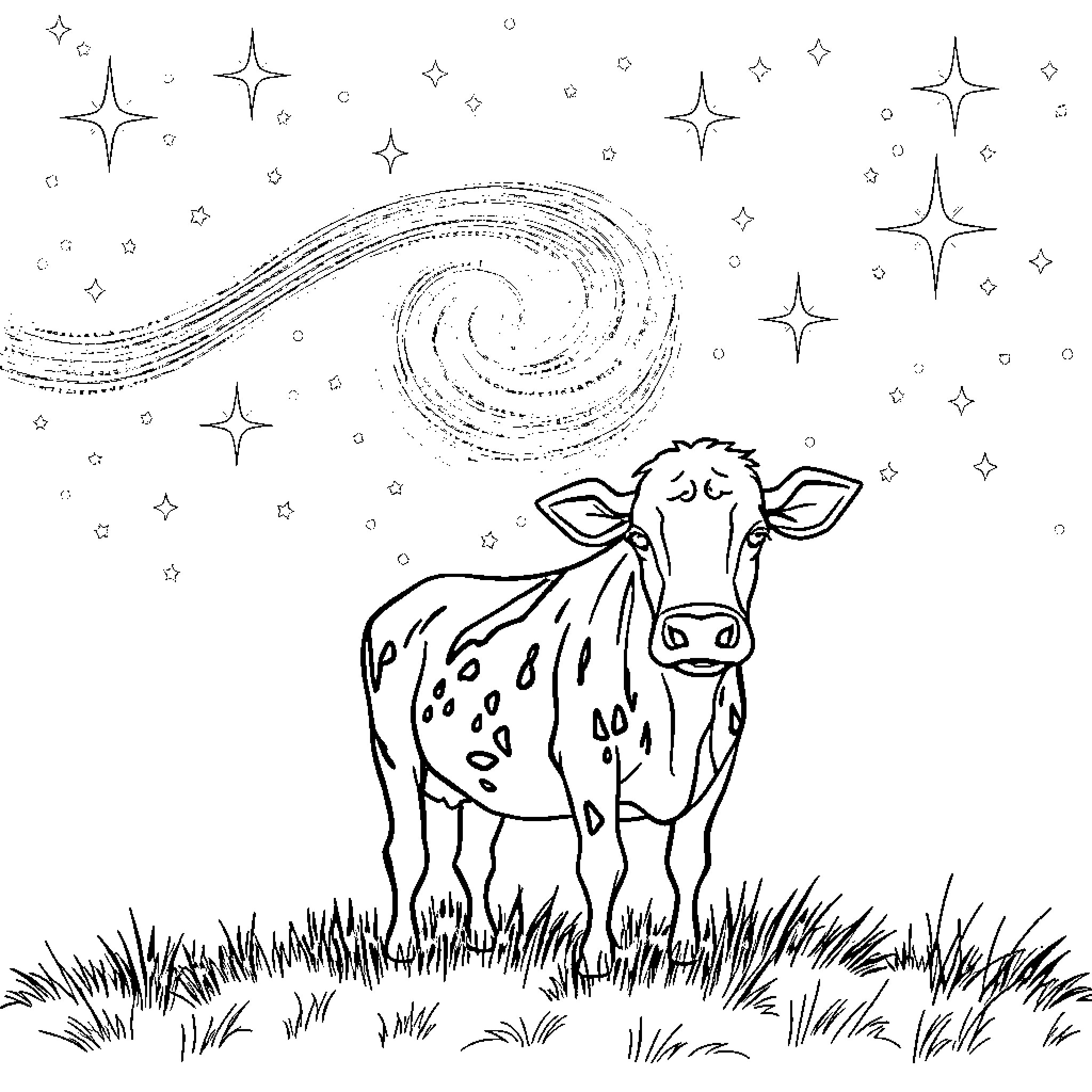 Cow gazing at the starry night sky Coloring Page (free black-and-white line drawing printable PDF for all, from beginners to advanced learners, including children, teens, adults, and seniors)