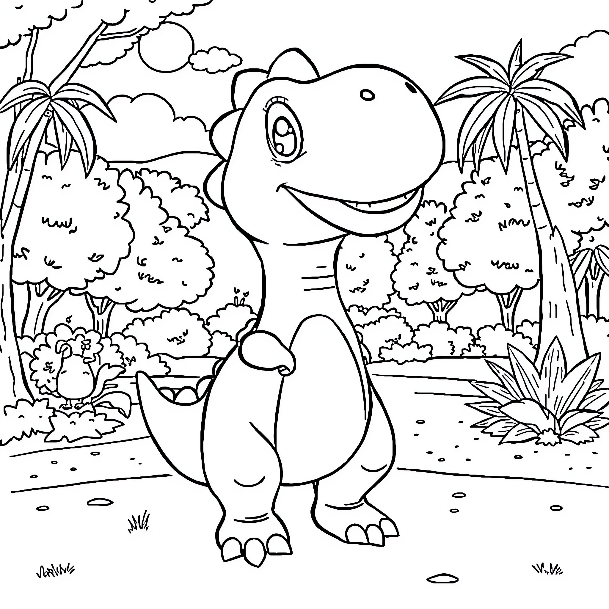 T-Rex exploring the lush tropical jungle Coloring Page (free black-and-white line drawing printable PDF for all, from beginners to advanced learners, including children, teens, adults, and seniors)