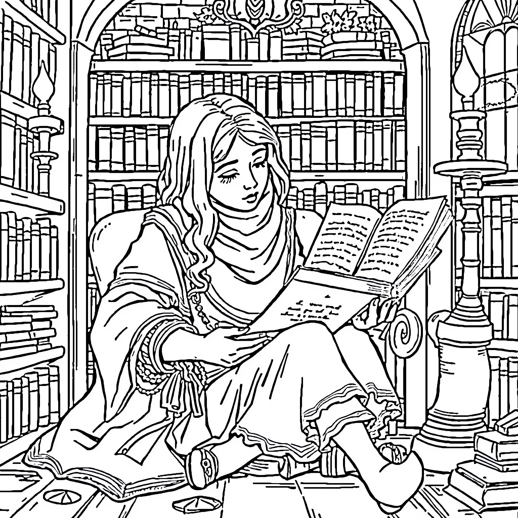 History of a Young Woman Reading in a Library Coloring Page (free black-and-white line drawing printable PDF for all, from beginners to advanced learners, including children, teens, adults, and seniors)