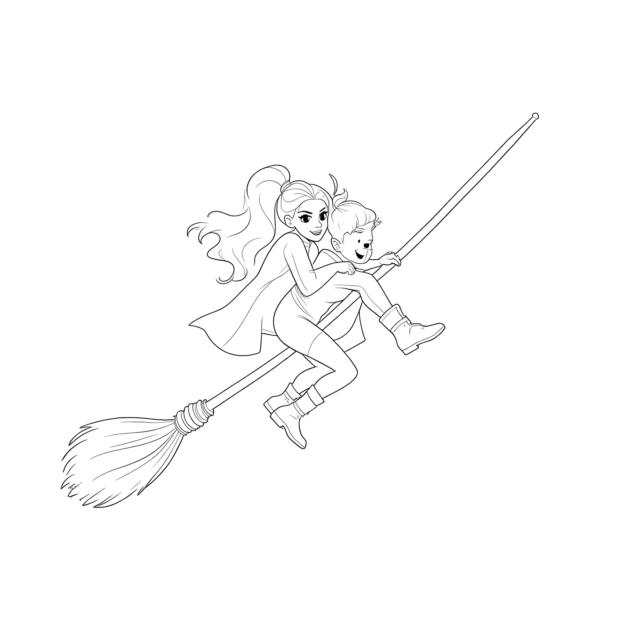 Ariana Grande flying on a broomstick with her cat Coloring Page (free black-and-white line drawing printable PDF for all, from beginners to advanced learners, including children, teens, adults, and seniors)