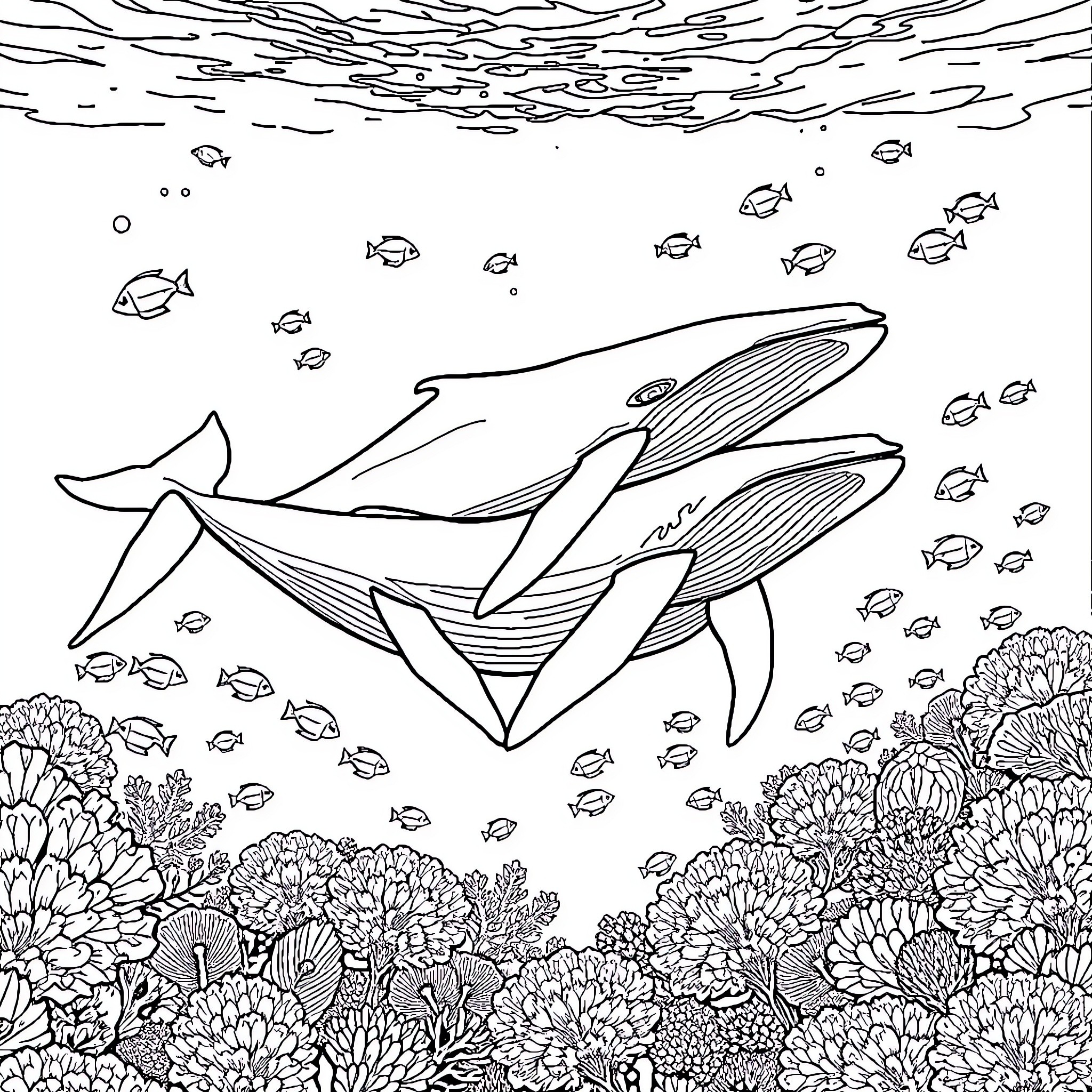 Whale swimming gracefully through the coral reef Coloring Page (free black-and-white line drawing printable PDF for all, from beginners to advanced learners, including children, teens, adults, and seniors)