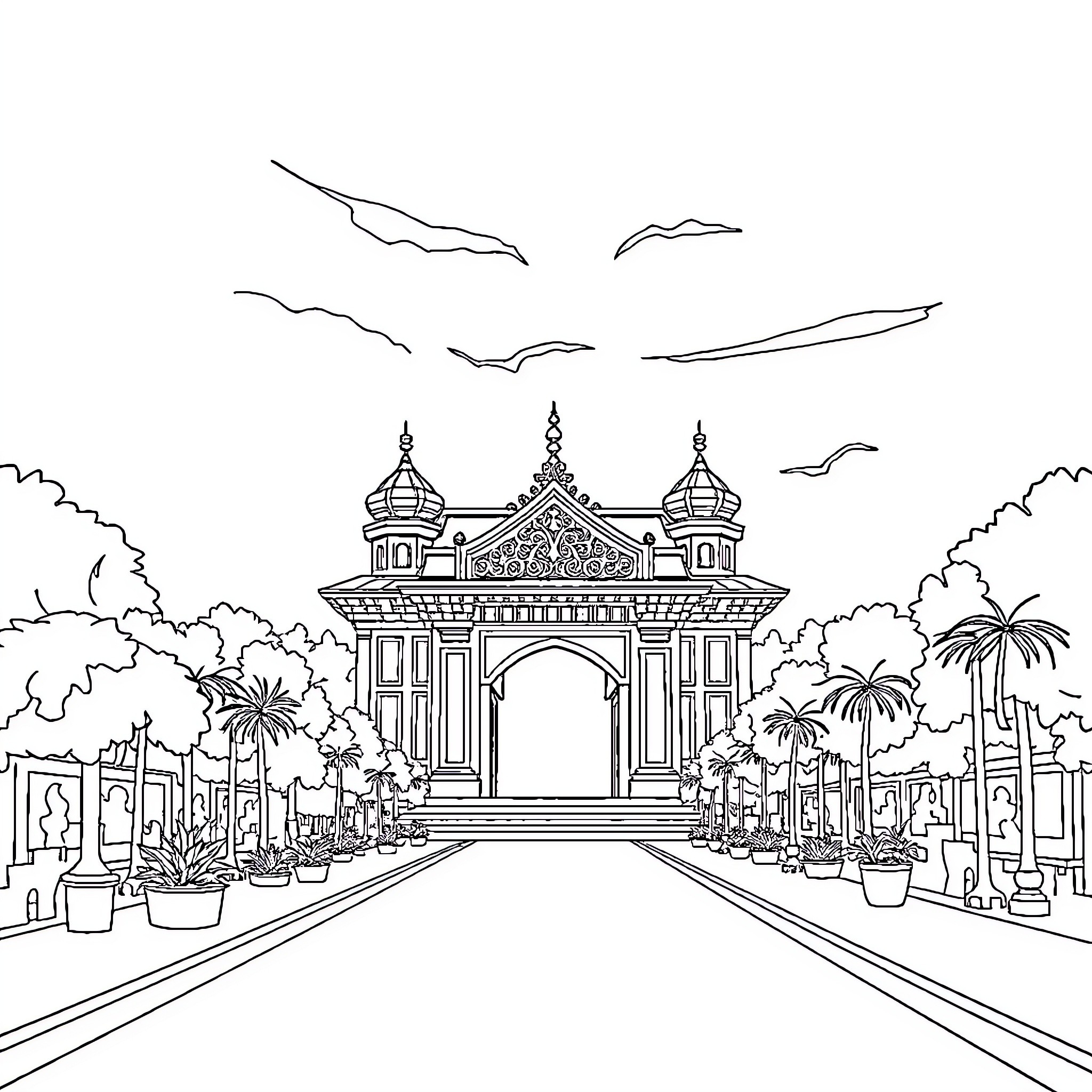 National Day Celebration with Ornate Palace and Festive Decor Coloring Page (free black-and-white line drawing printable PDF for all, from beginners to advanced learners, including children, teens, adults, and seniors)