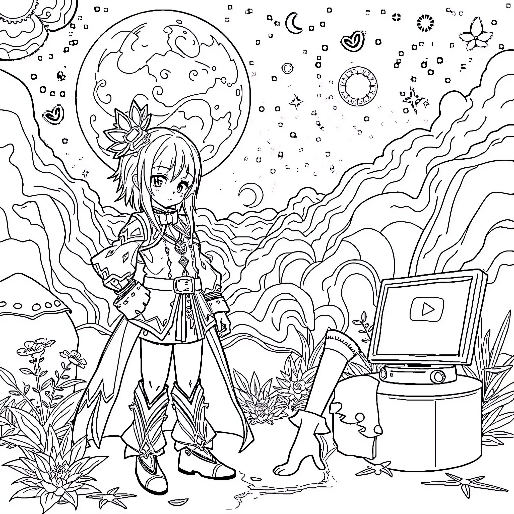 Kuromi enjoying a magical night surrounded by whimsical elements Coloring Page (free black-and-white line drawing printable PDF for all, from beginners to advanced learners, including children, teens, adults, and seniors)