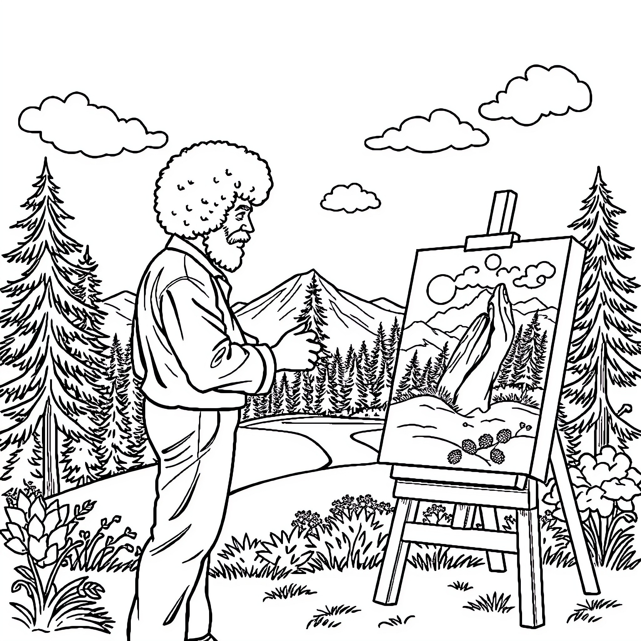 Bob Ross painting a peaceful mountain landscape Coloring Page (free black-and-white line drawing printable PDF for all, from beginners to advanced learners, including children, teens, adults, and seniors)