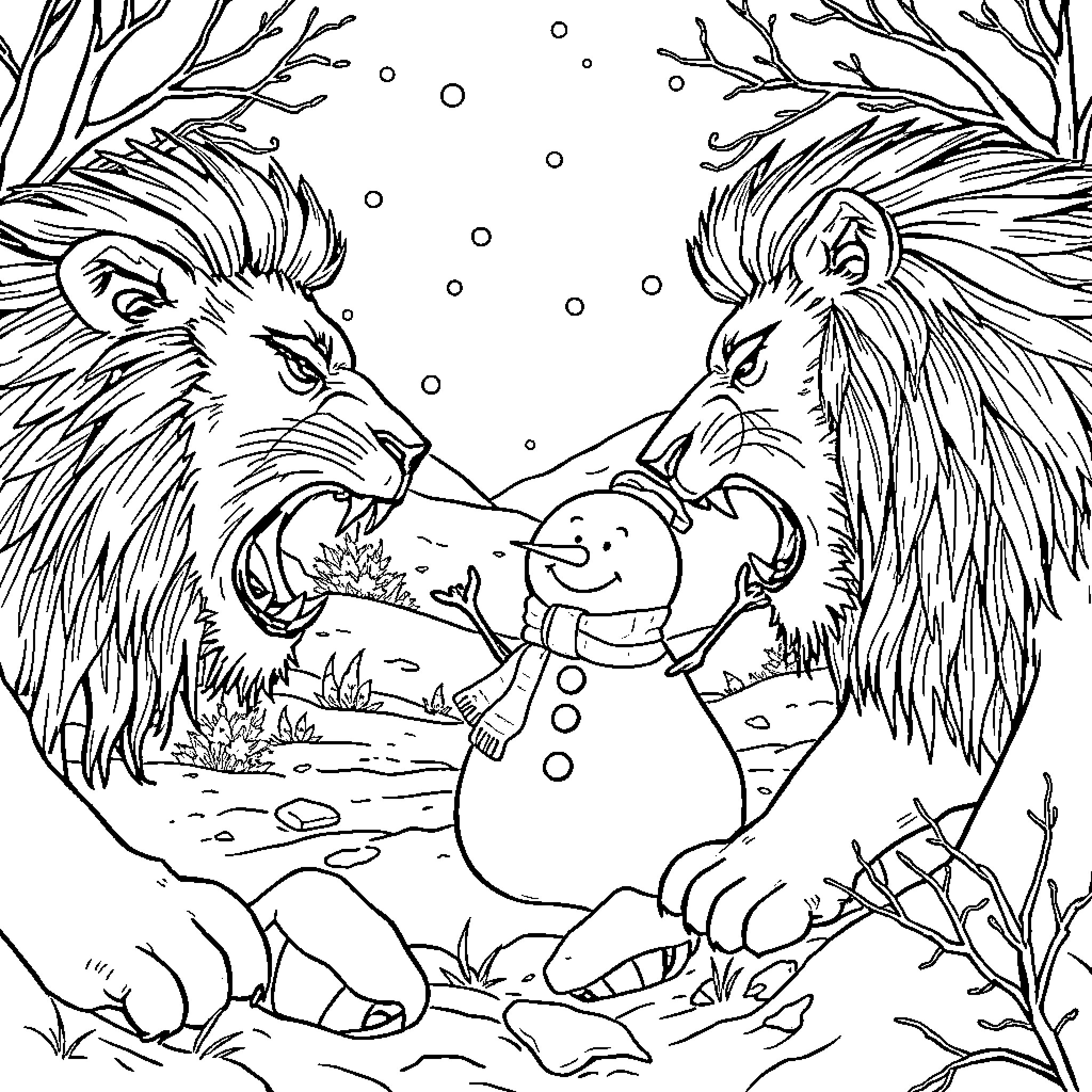 Lion Pair Confronting Snowman in Winter Wonderland Coloring Page (free black-and-white line drawing printable PDF for all, from beginners to advanced learners, including children, teens, adults, and seniors)