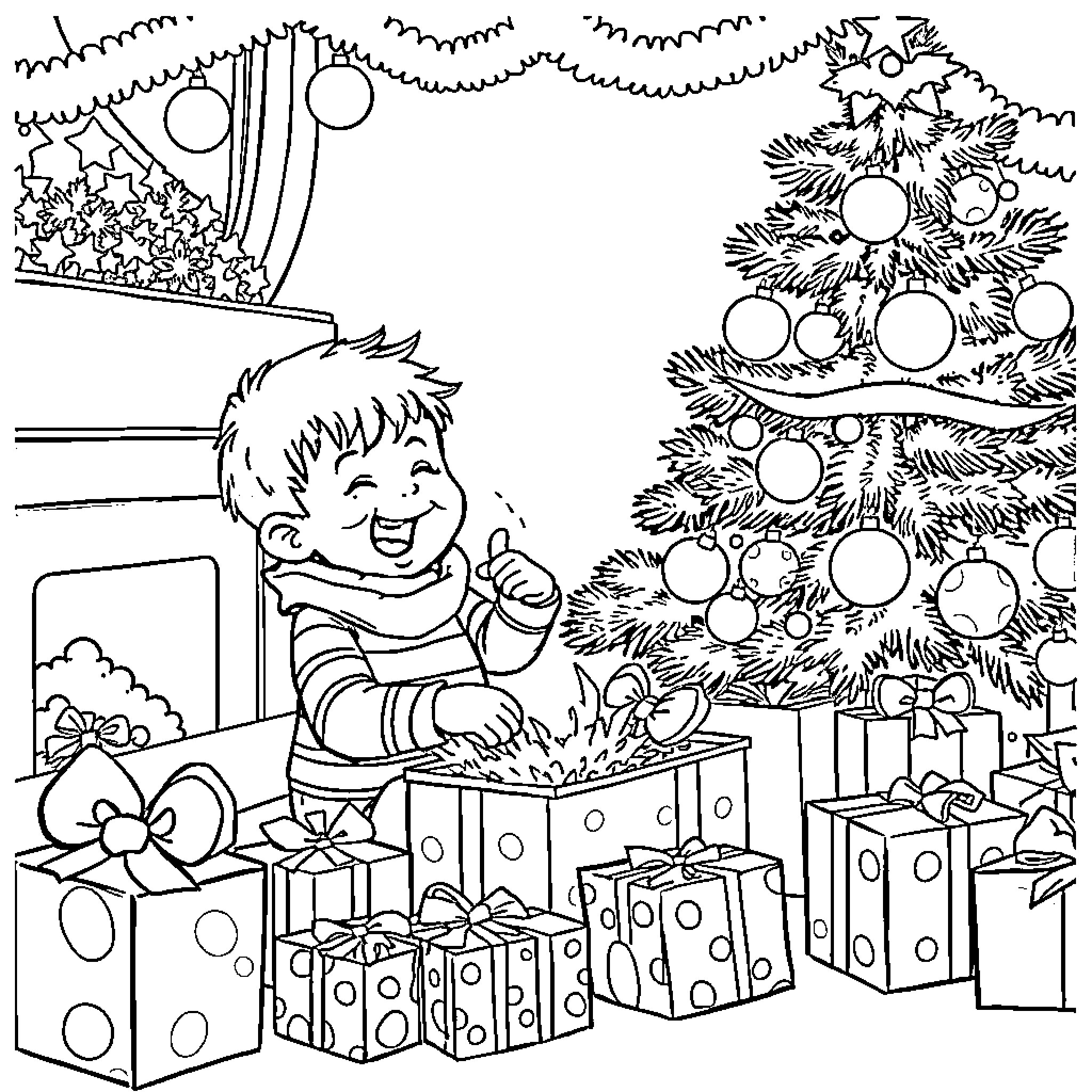 Boy decorating Christmas tree and opening gifts Coloring Page (free black-and-white line drawing printable PDF for all, from beginners to advanced learners, including children, teens, adults, and seniors)