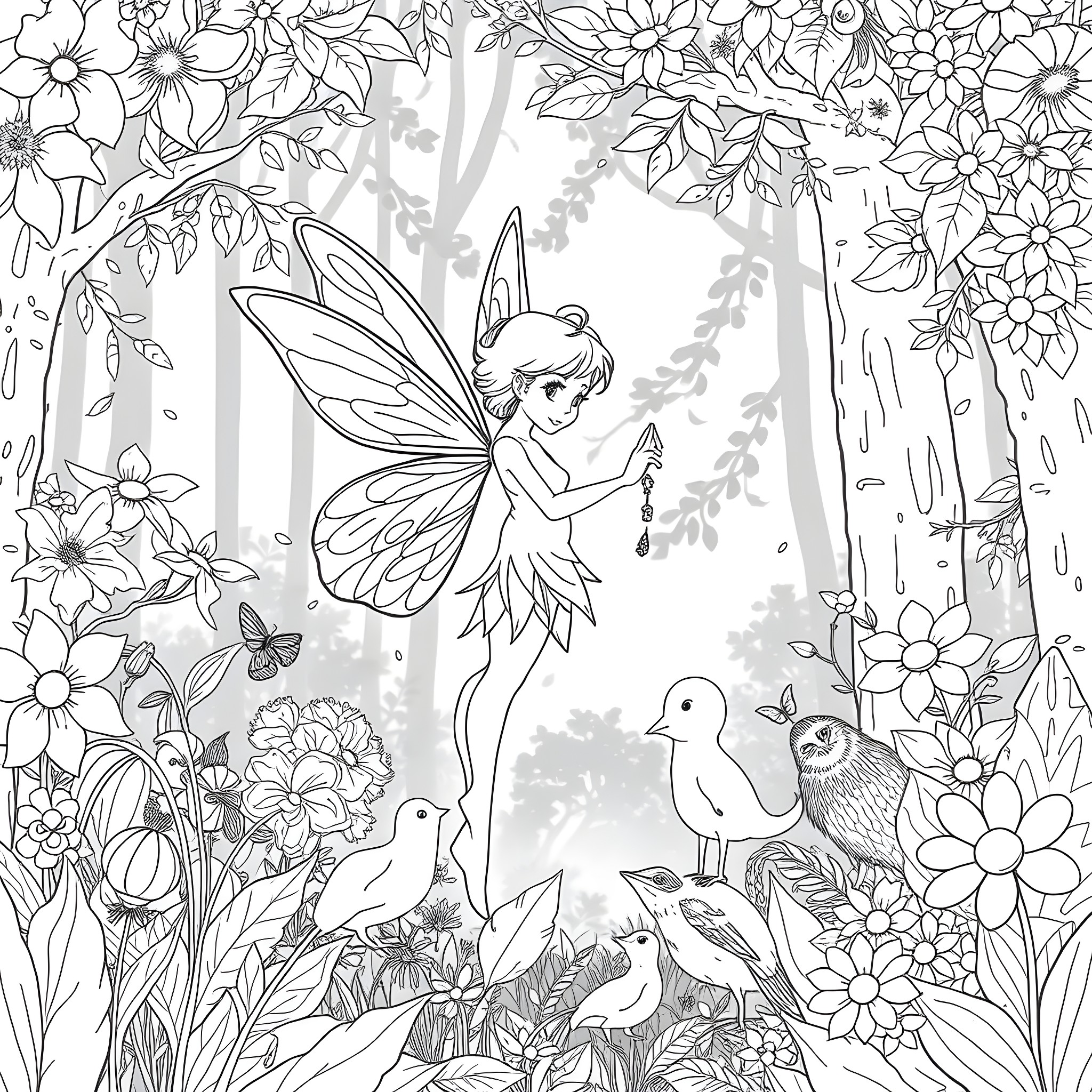 Fairy playing with birds and flowers in enchanted forest Coloring Page (free black-and-white line drawing printable PDF for all, from beginners to advanced learners, including children, teens, adults, and seniors)