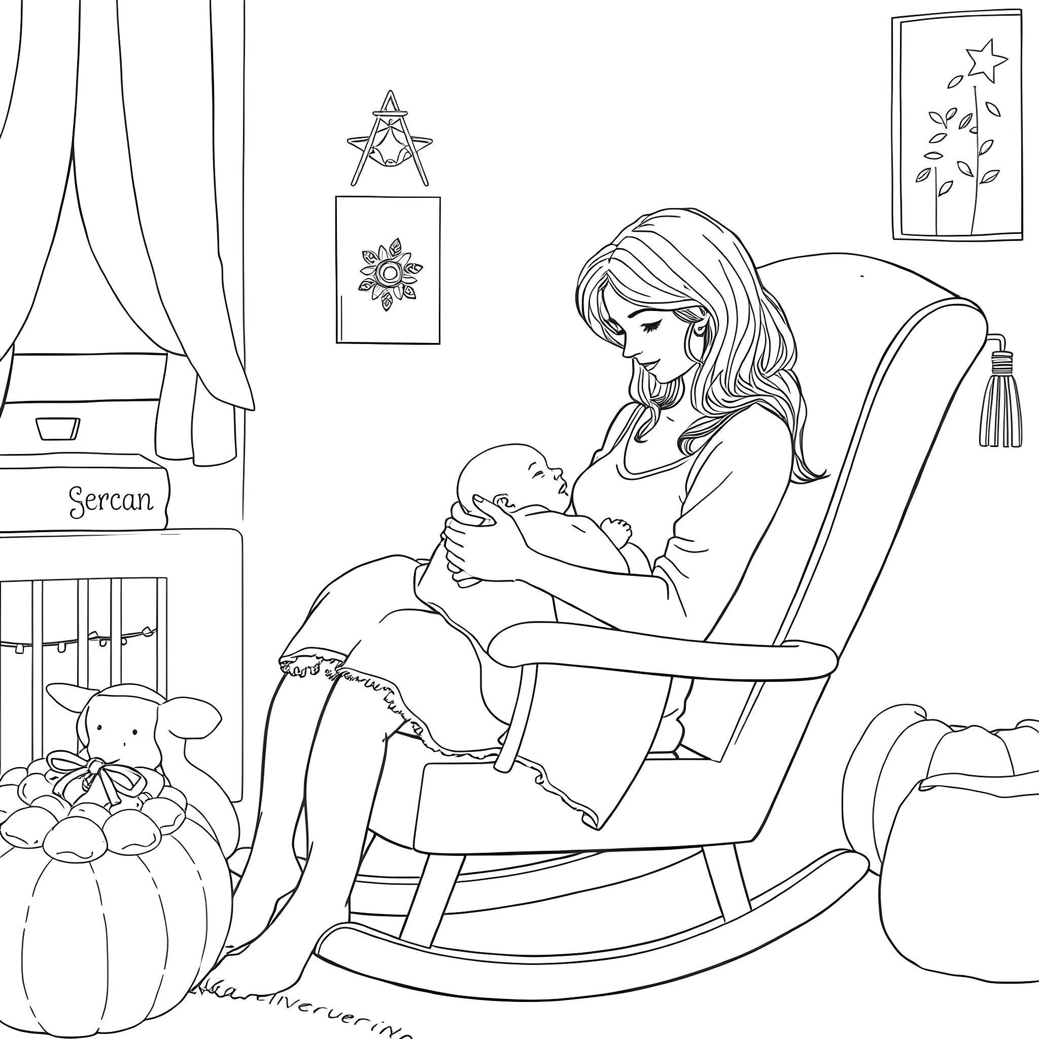 Mother Rocking and Nurturing Her Baby in Cozy Room Coloring Page (free black-and-white line drawing printable PDF for all, from beginners to advanced learners, including children, teens, adults, and seniors)