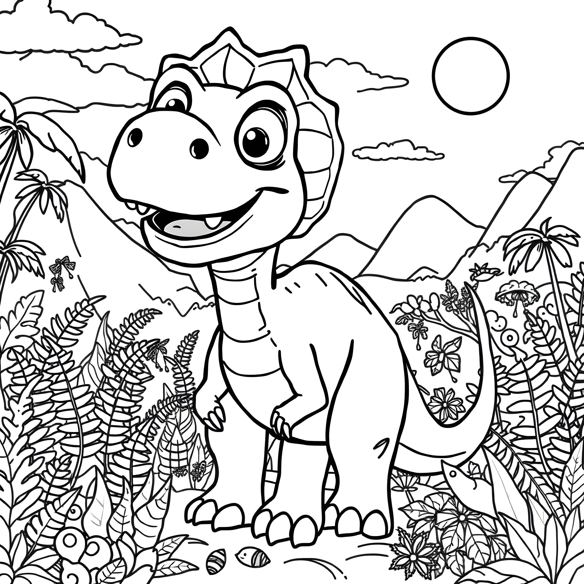 Dinosaur in a tropical jungle landscape Coloring Page (free black-and-white line drawing printable PDF for all, from beginners to advanced learners, including children, teens, adults, and seniors)