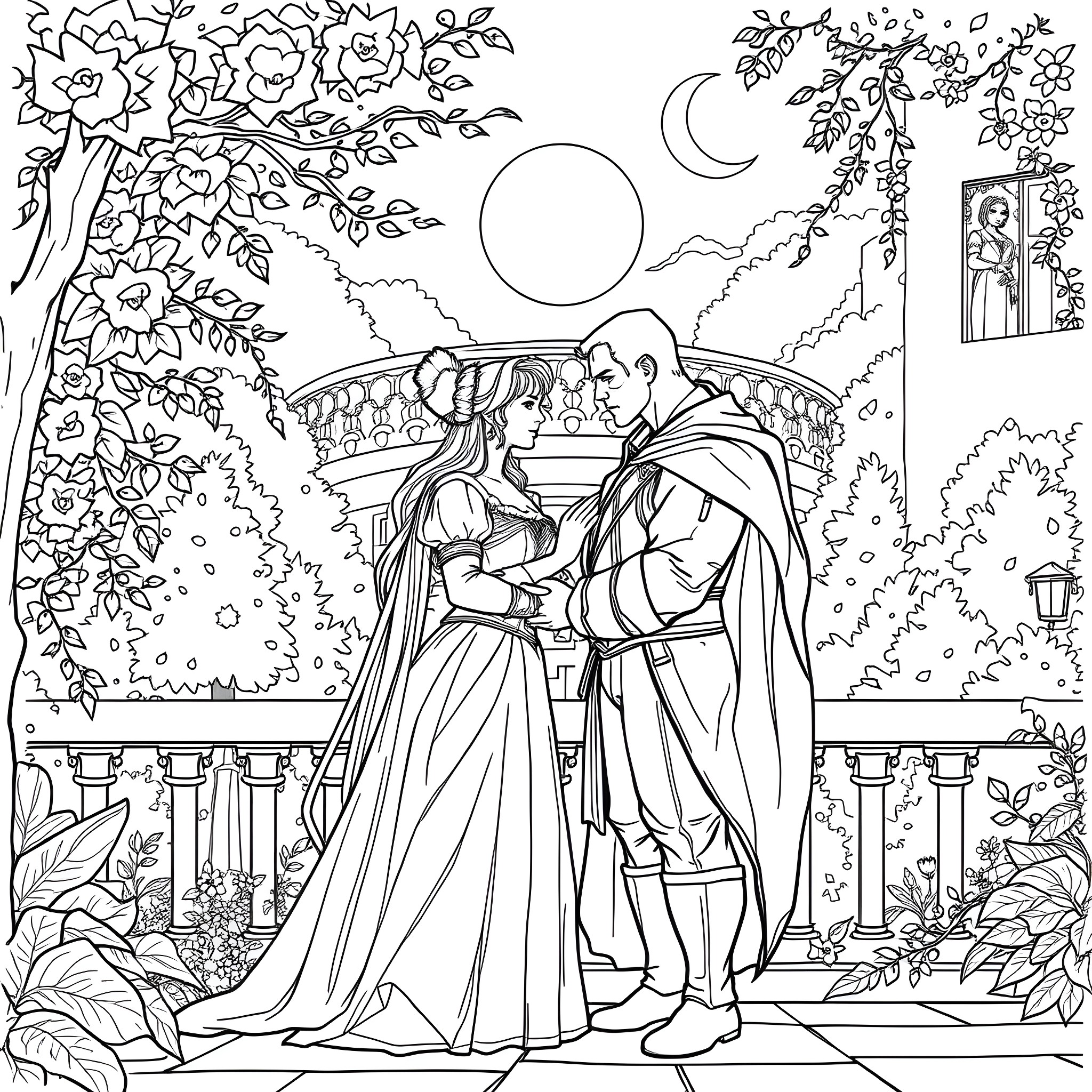 Avengers characters in a romantic garden scene Coloring Page (free black-and-white line drawing printable PDF for all, from beginners to advanced learners, including children, teens, adults, and seniors)