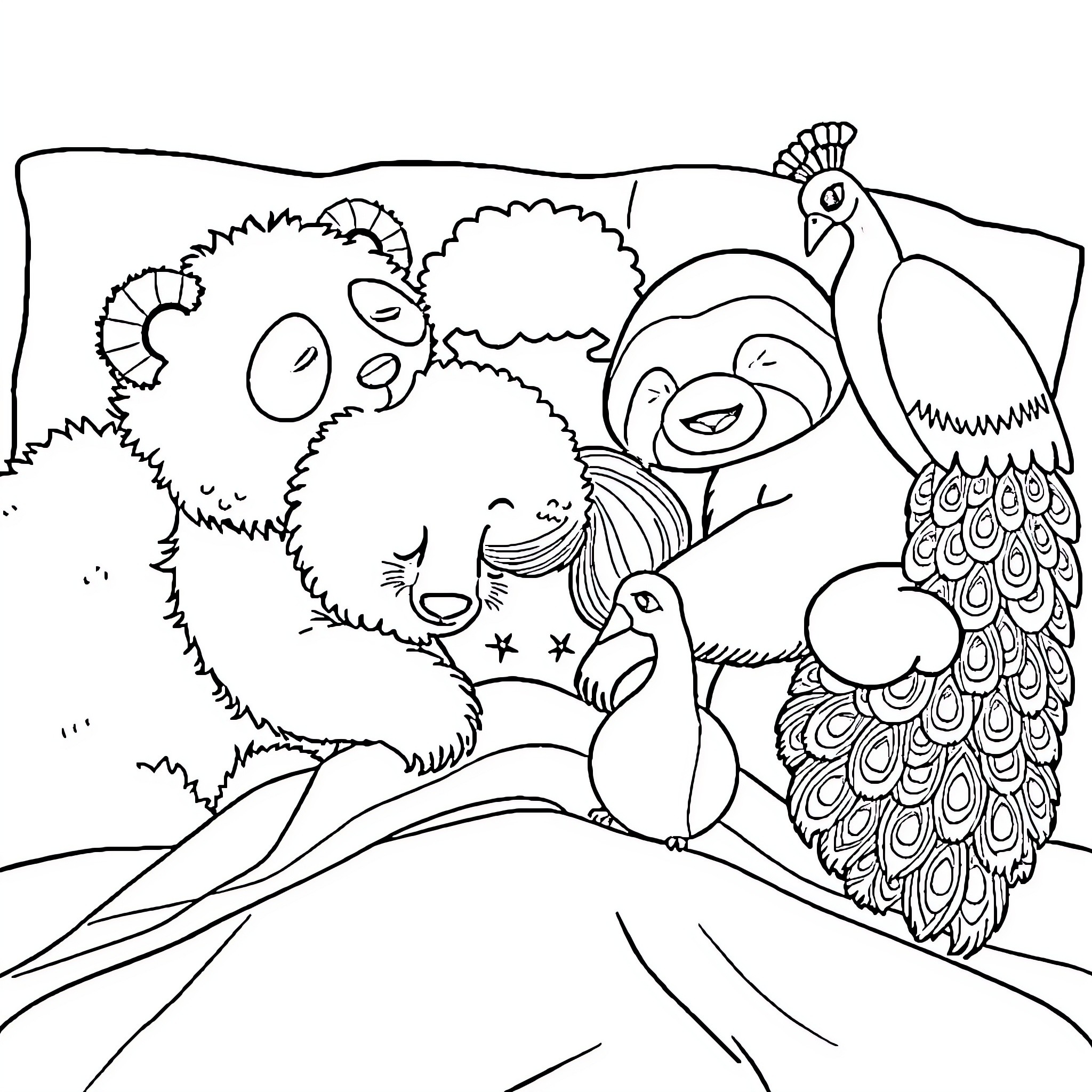 Girl playing with whimsical animals in nature Coloring Page (free black-and-white line drawing printable PDF for all, from beginners to advanced learners, including children, teens, adults, and seniors)