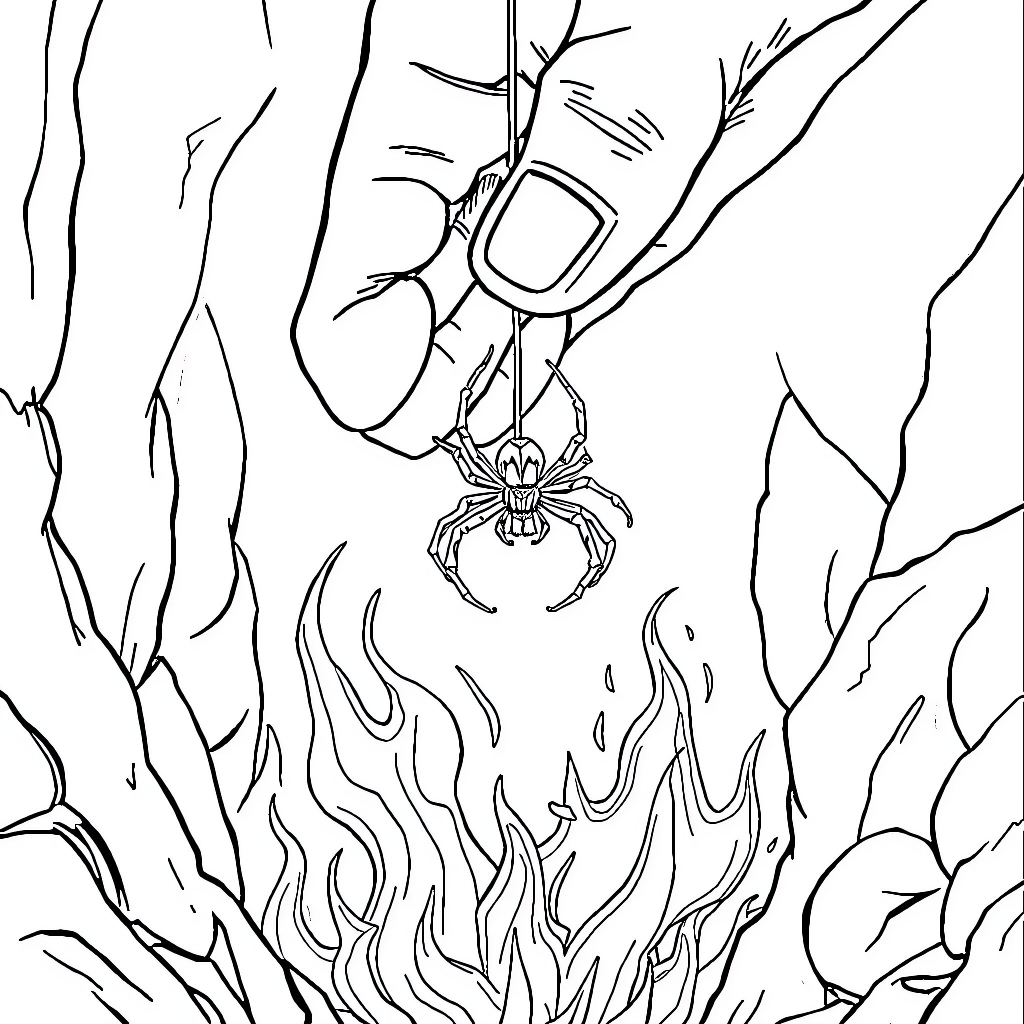 Spider emerging from the flames Coloring Page (free black-and-white line drawing printable PDF for all, from beginners to advanced learners, including children, teens, adults, and seniors)