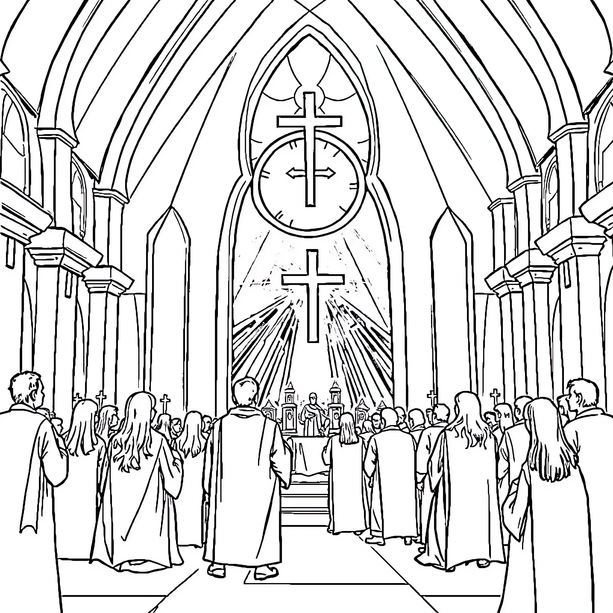 Priesthood ceremony in ornate cathedral setting Coloring Page (free black-and-white line drawing printable PDF for all, from beginners to advanced learners, including children, teens, adults, and seniors)