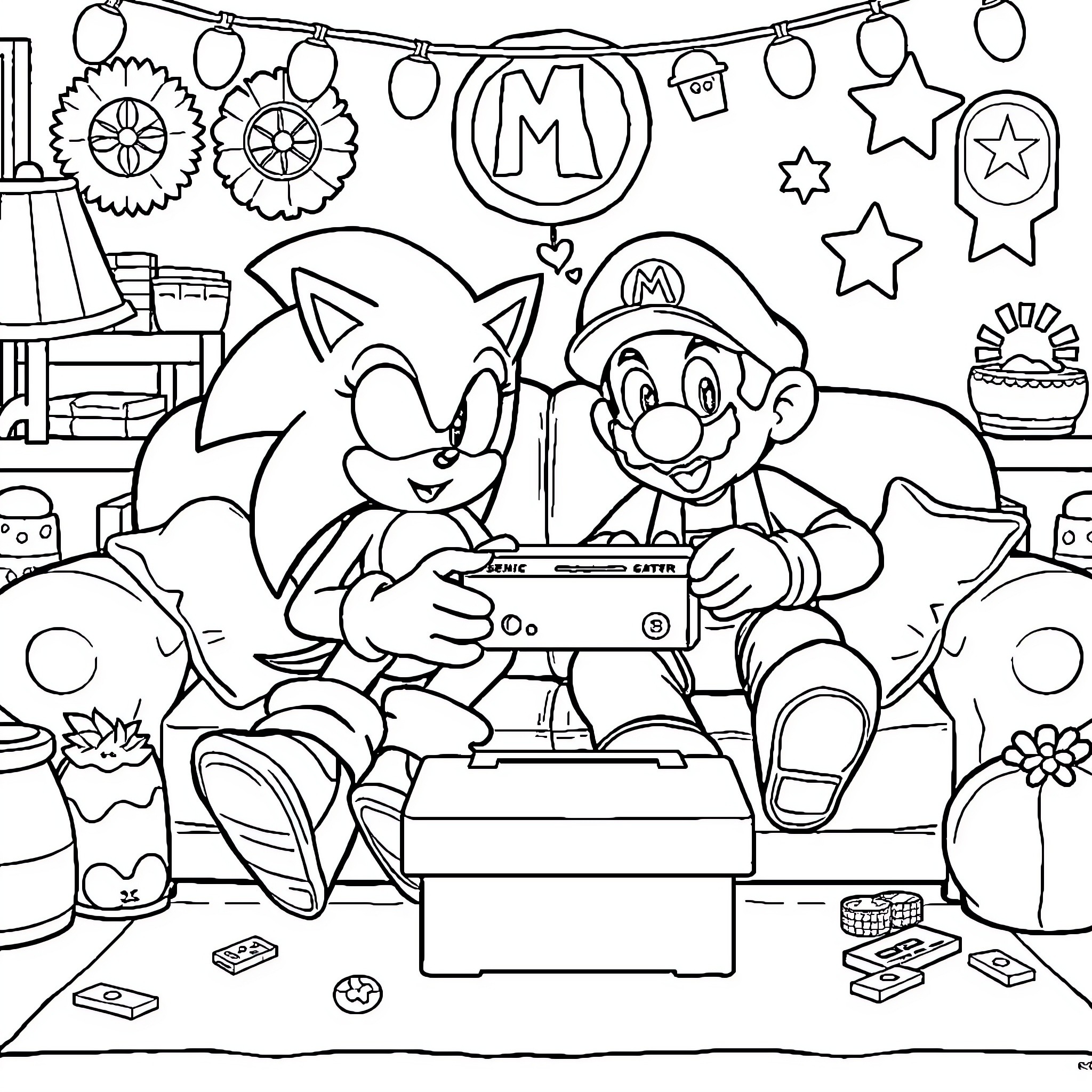 Sonic and Mario Playing Video Games in Festive Room Coloring Page (free black-and-white line drawing printable PDF for all, from beginners to advanced learners, including children, teens, adults, and seniors)