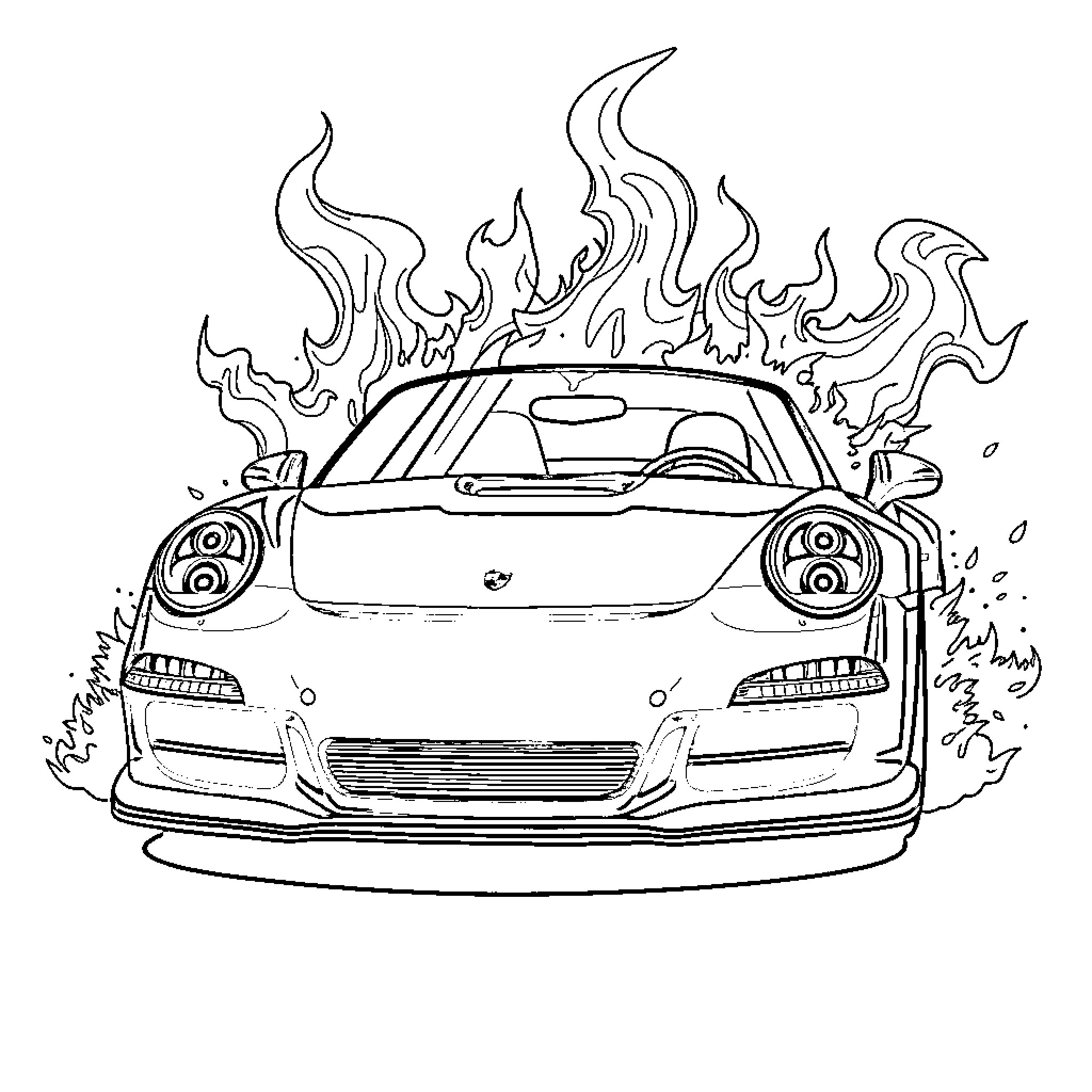 Porsche sports car on fire with flames Coloring Page (free black-and-white line drawing printable PDF for all, from beginners to advanced learners, including children, teens, adults, and seniors)