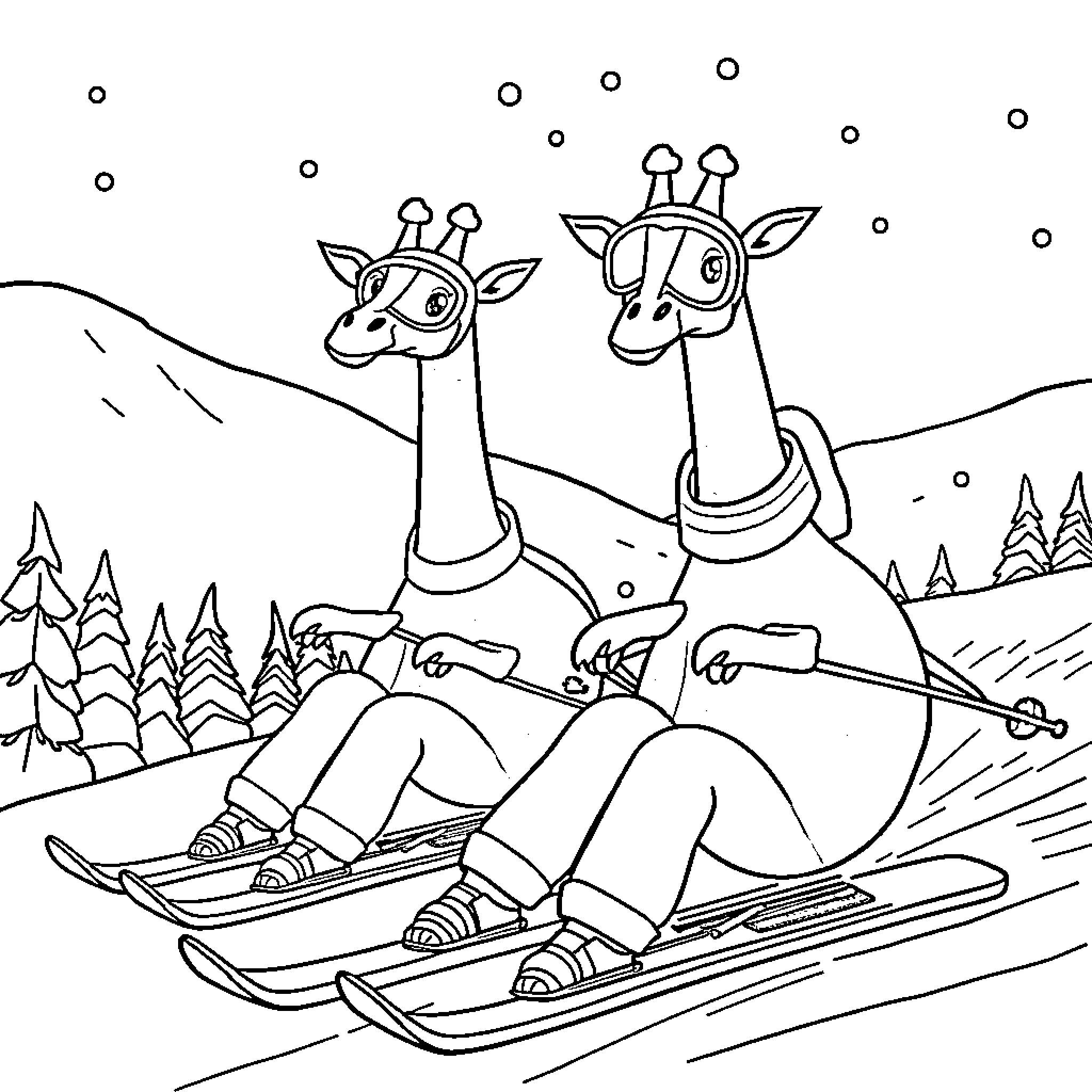 Giraffes enjoying a winter ski adventure Coloring Page (free black-and-white line drawing printable PDF for all, from beginners to advanced learners, including children, teens, adults, and seniors)