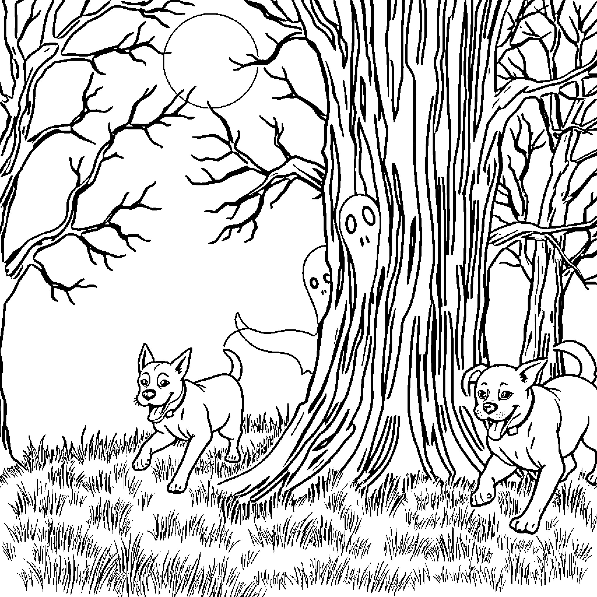 Ghost Dogs Playing in the Haunted Forest Coloring Page (free black-and-white line drawing printable PDF for all, from beginners to advanced learners, including children, teens, adults, and seniors)