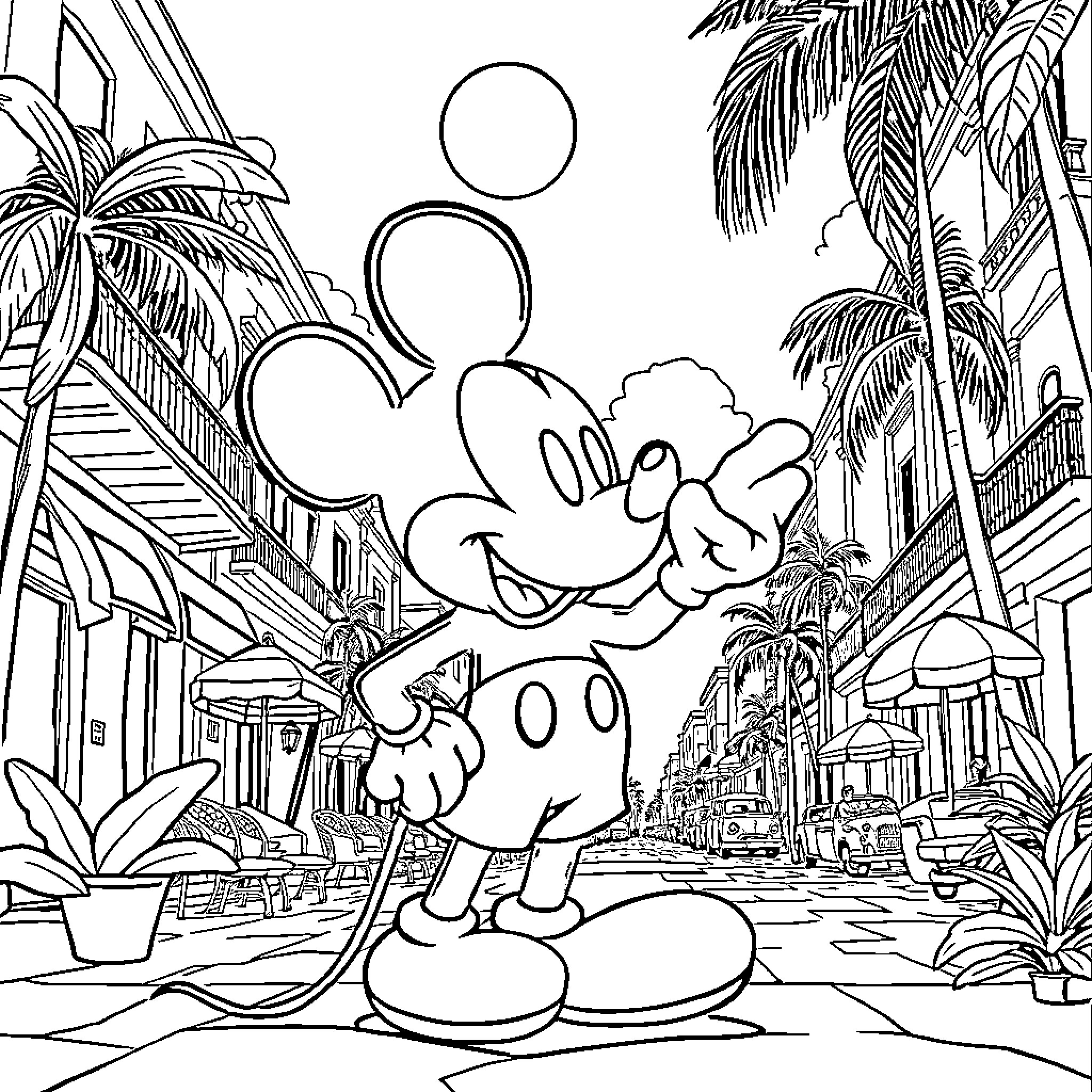 Mickey Mouse Enjoying a Tropical Vacation Coloring Page (free black-and-white line drawing printable PDF for all, from beginners to advanced learners, including children, teens, adults, and seniors)