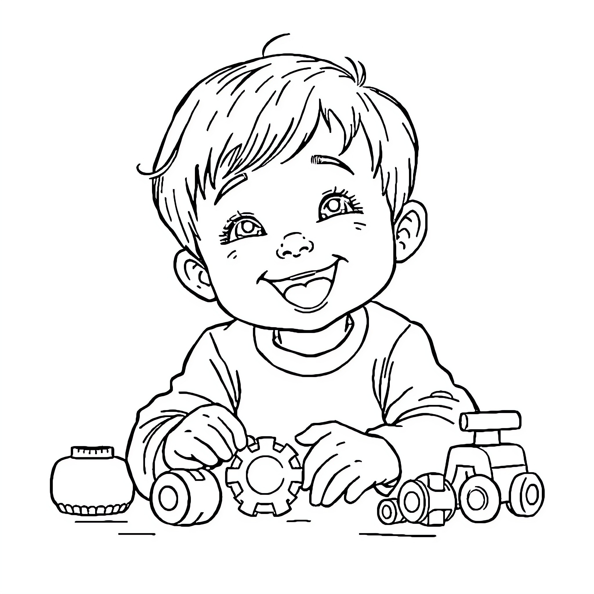 Child Playing Happily with Toy Cars Coloring Page (free black-and-white line drawing printable PDF for all, from beginners to advanced learners, including children, teens, adults, and seniors)