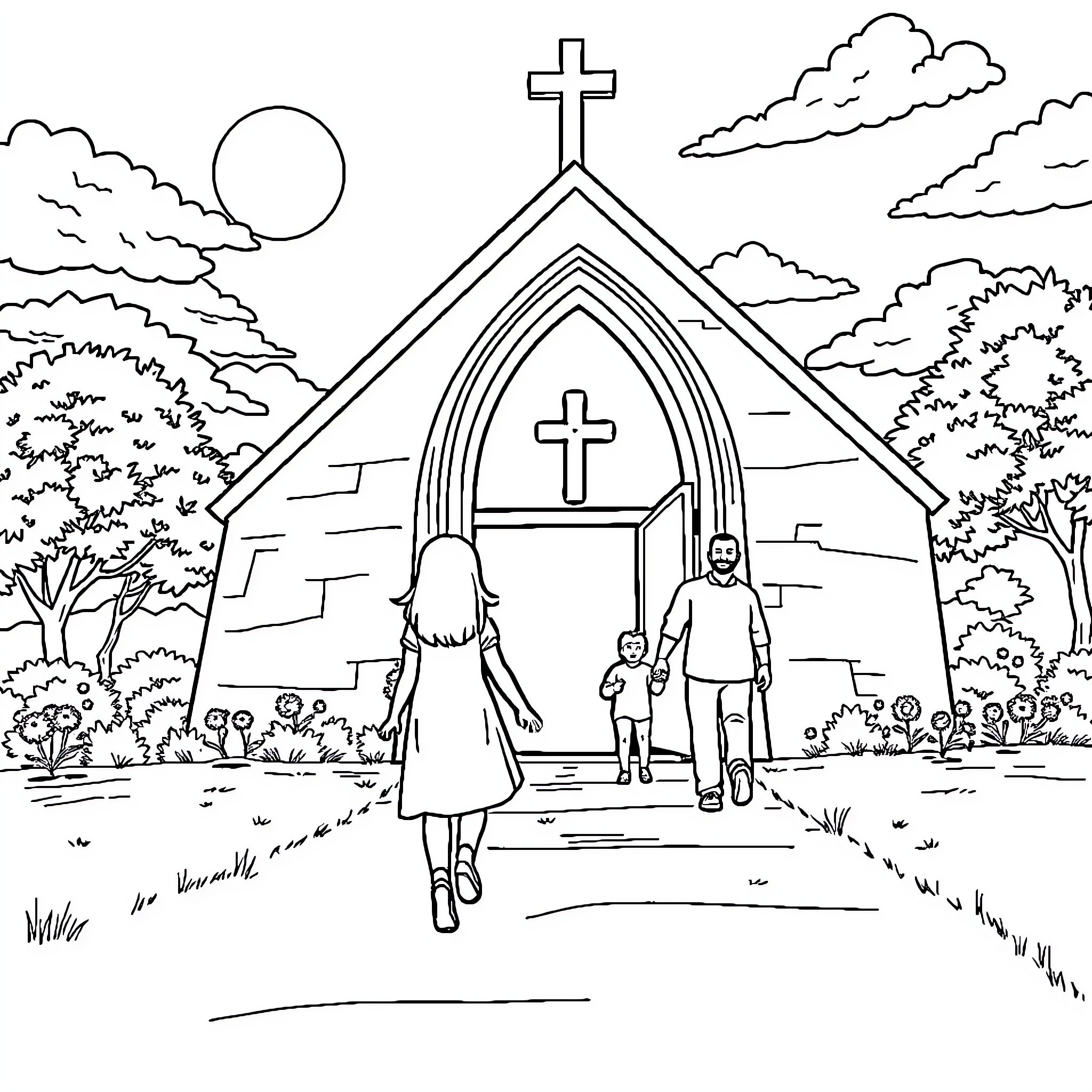 Girl and family walking towards church on a sunny day Coloring Page (free black-and-white line drawing printable PDF for all, from beginners to advanced learners, including children, teens, adults, and seniors)