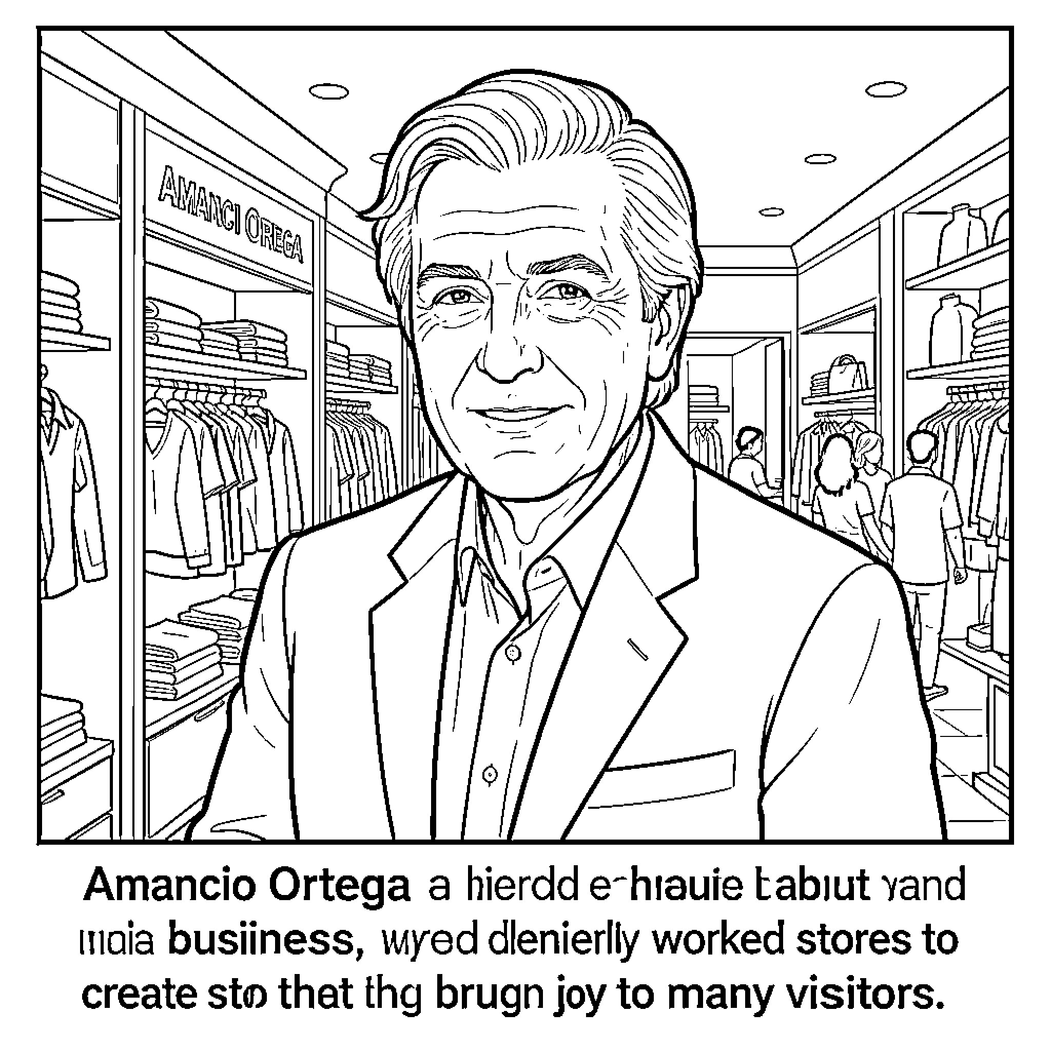 Amancio Ortega smiling in a clothing store setting Coloring Page (free black-and-white line drawing printable PDF for all, from beginners to advanced learners, including children, teens, adults, and seniors)