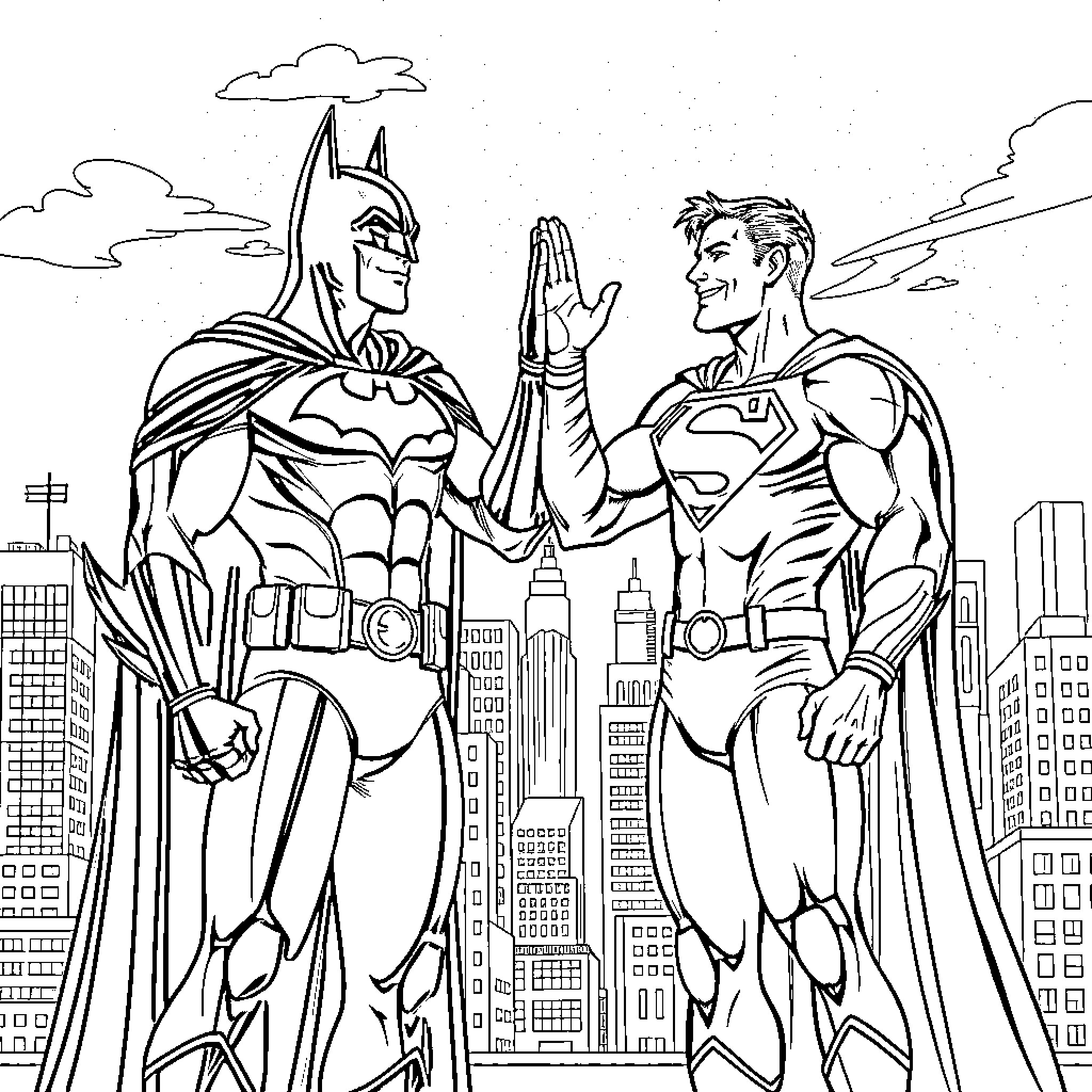 Batman and Superman high-fiving in the city Coloring Page (free black-and-white line drawing printable PDF for all, from beginners to advanced learners, including children, teens, adults, and seniors)