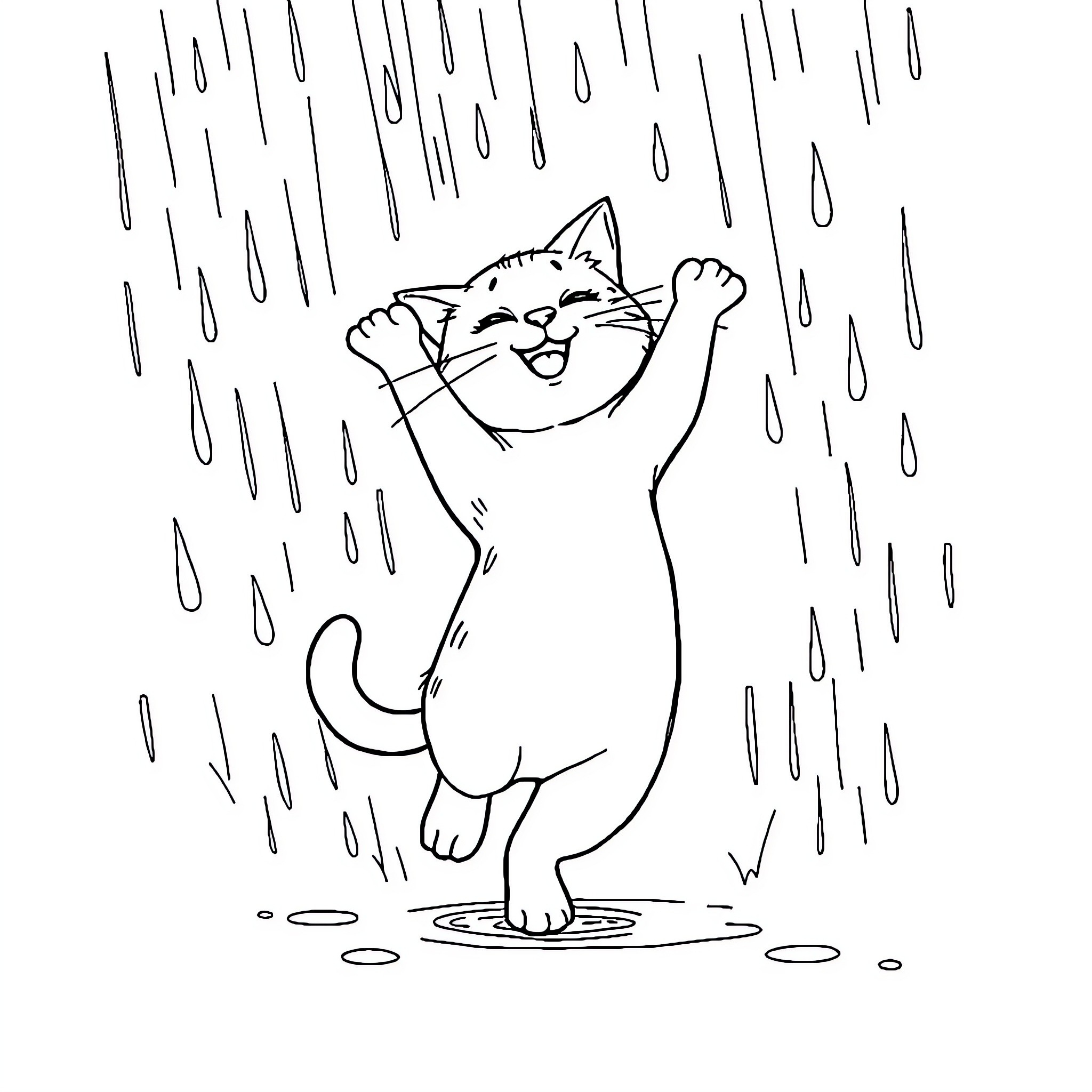 Cat dancing happily in the rain Coloring Page (free black-and-white line drawing printable PDF for all, from beginners to advanced learners, including children, teens, adults, and seniors)