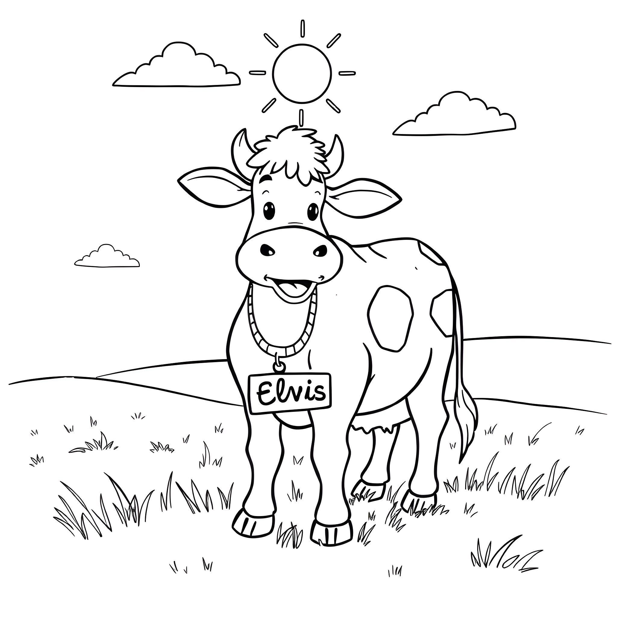 Cow Wearing a Nametag in a Sunny Meadow Coloring Page (free black-and-white line drawing printable PDF for all, from beginners to advanced learners, including children, teens, adults, and seniors)