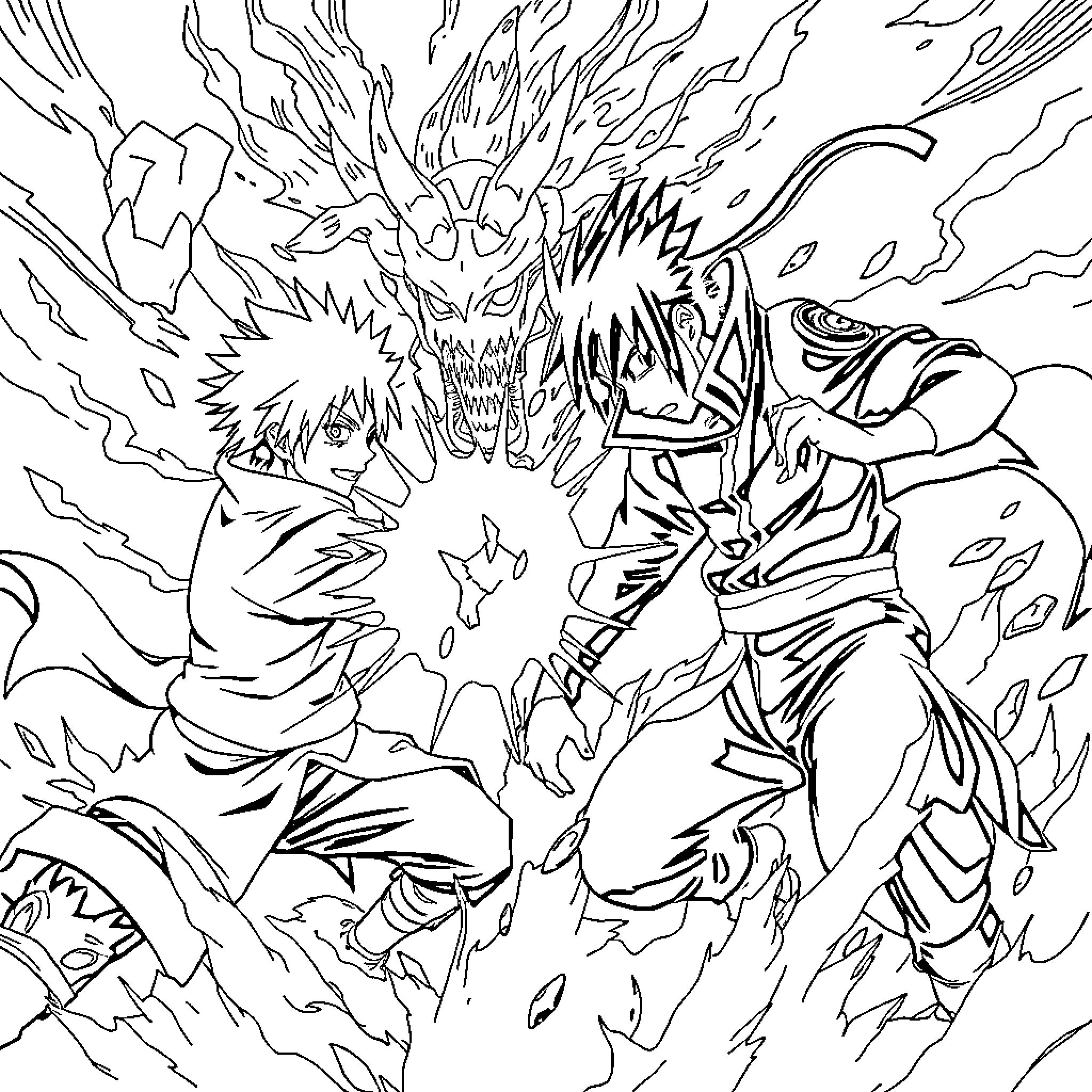 Sasuke engaged in intense combat with powerful foe Coloring Page (free black-and-white line drawing printable PDF for all, from beginners to advanced learners, including children, teens, adults, and seniors)