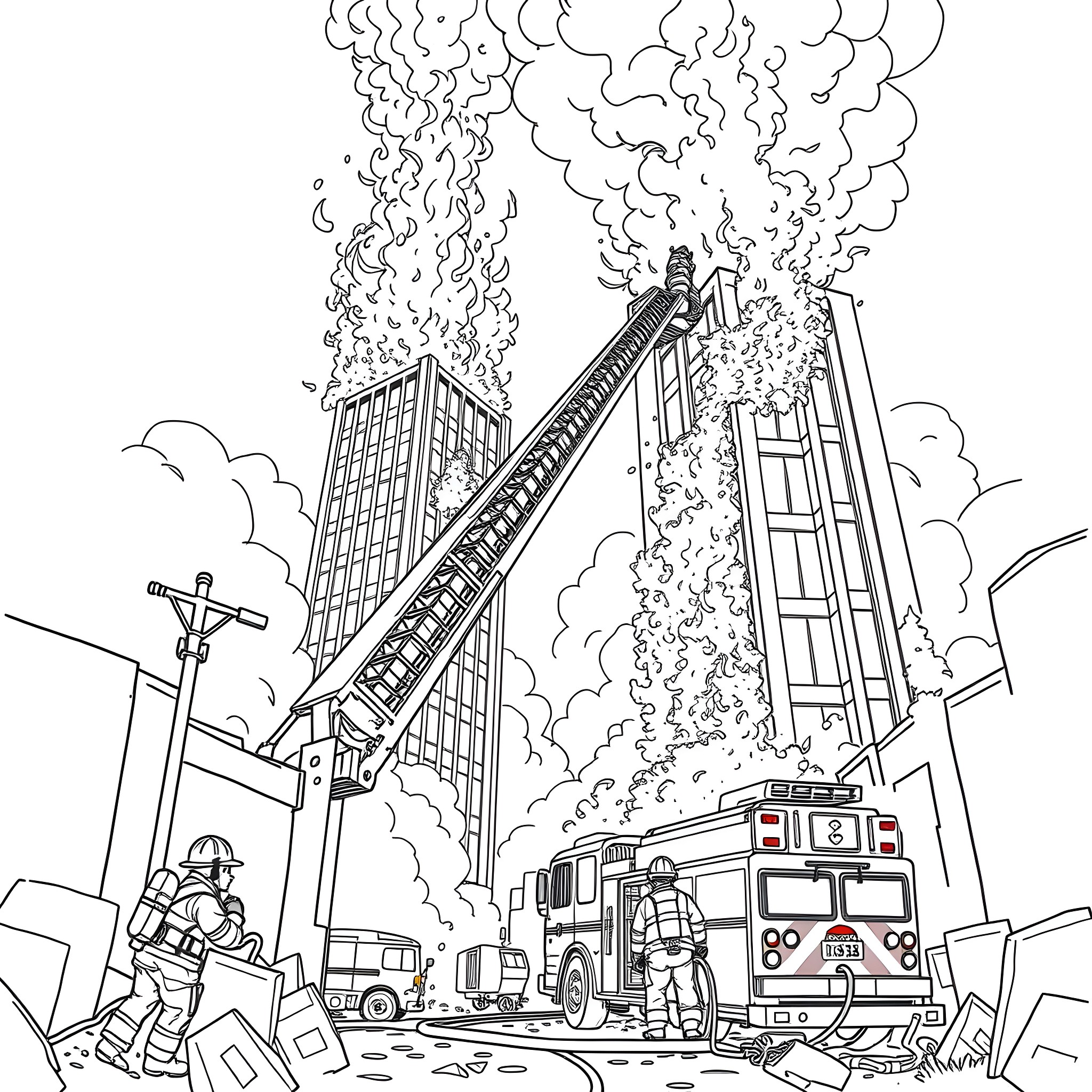 Firefighter heroically battling a blaze in the city Coloring Page (free black-and-white line drawing printable PDF for all, from beginners to advanced learners, including children, teens, adults, and seniors)
