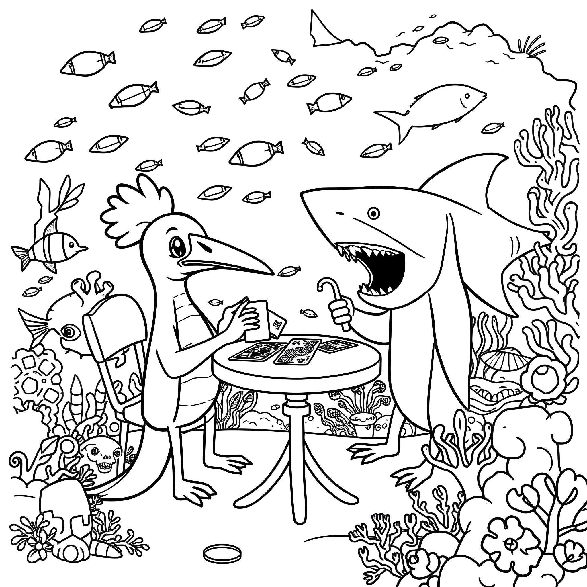 Platypus having a tea party with shark in the sea Coloring Page (free black-and-white line drawing printable PDF for all, from beginners to advanced learners, including children, teens, adults, and seniors)