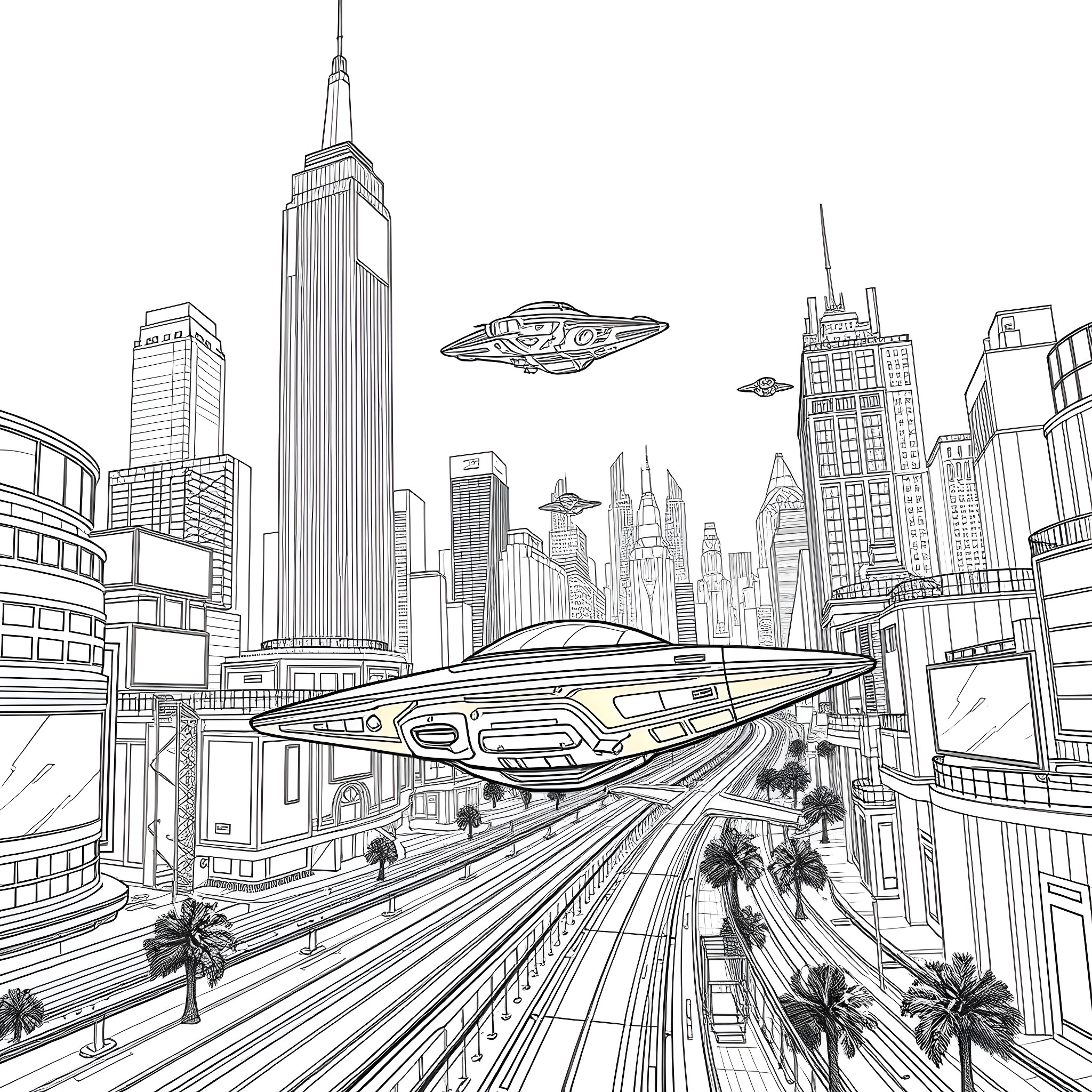 Hover Car Racing Through a Futuristic City Skyline Coloring Page (free black-and-white line drawing printable PDF for all, from beginners to advanced learners, including children, teens, adults, and seniors)