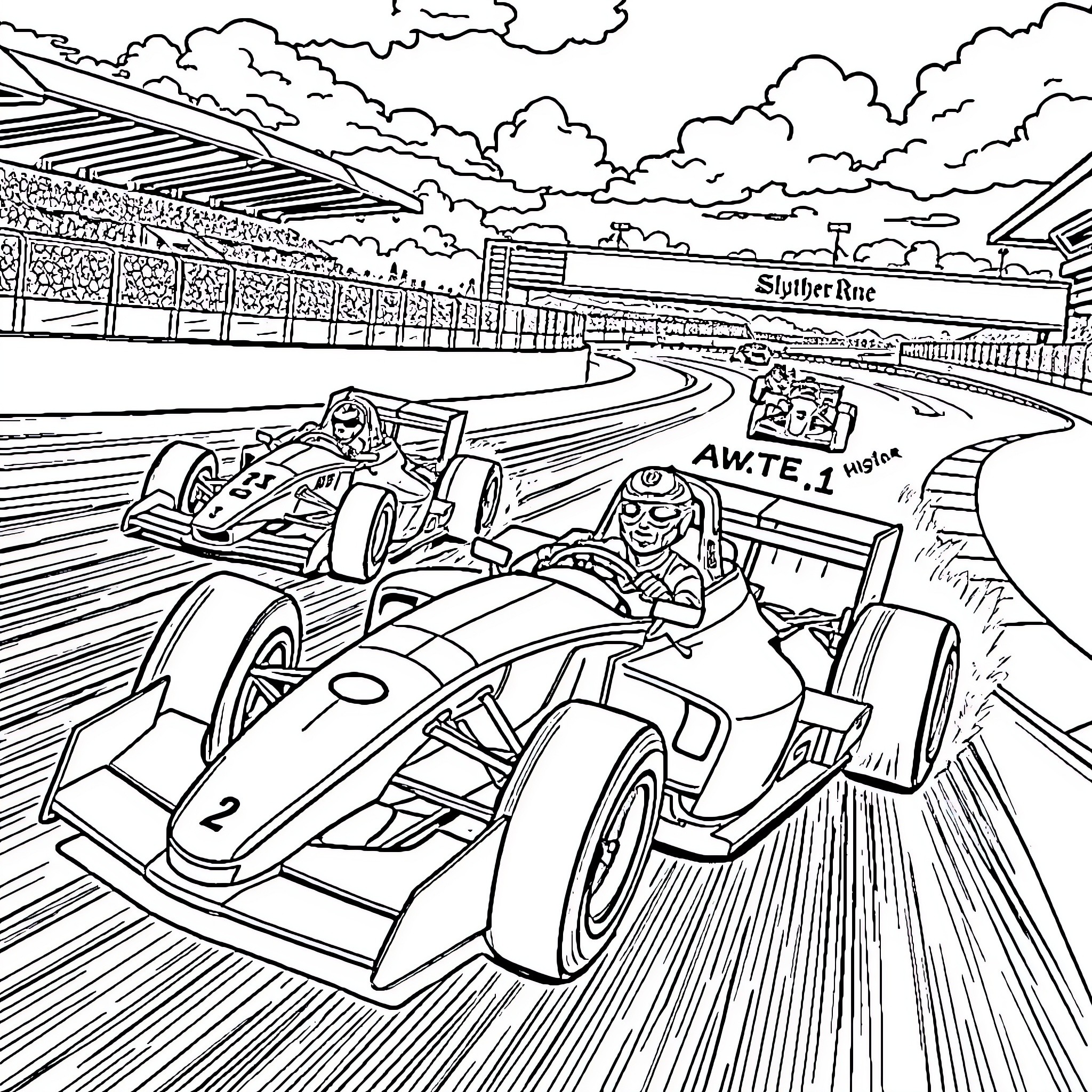 Formula One Race Cars Speeding on the Track Coloring Page (free black-and-white line drawing printable PDF for all, from beginners to advanced learners, including children, teens, adults, and seniors)