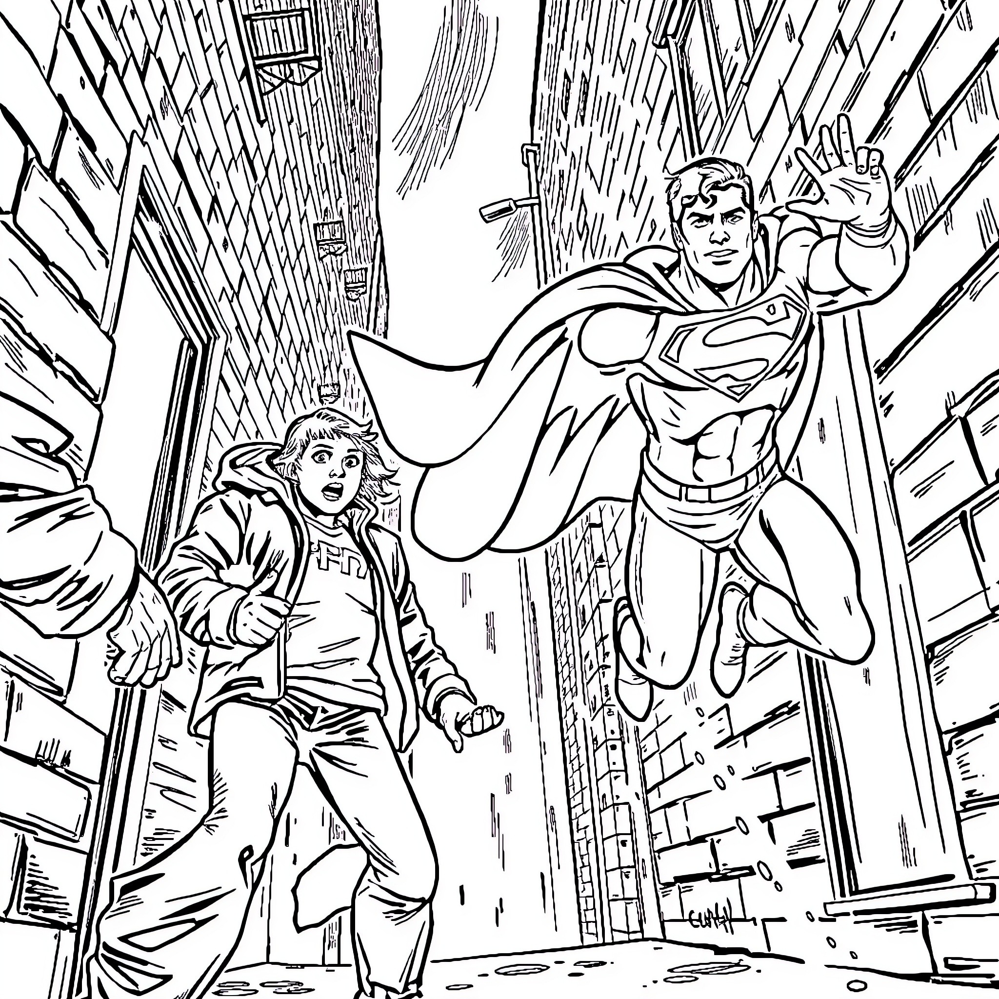 Superman Saving a Distressed Civilian in the City Coloring Page (free black-and-white line drawing printable PDF for all, from beginners to advanced learners, including children, teens, adults, and seniors)