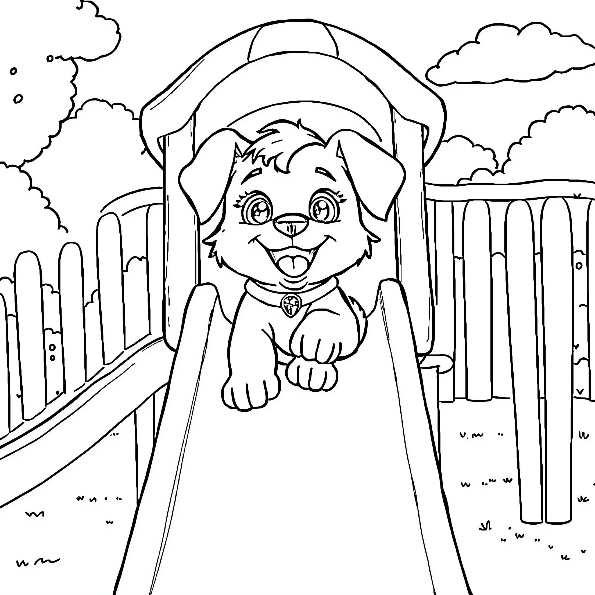 Skye playing happily on the porch Coloring Page (free black-and-white line drawing printable PDF for all, from beginners to advanced learners, including children, teens, adults, and seniors)