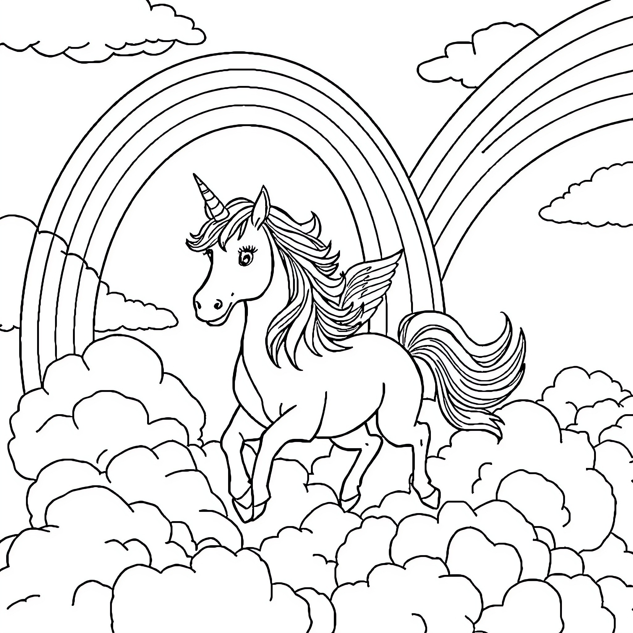 Unicorn galloping through the clouds with a rainbow Coloring Page (free black-and-white line drawing printable PDF for all, from beginners to advanced learners, including children, teens, adults, and seniors)