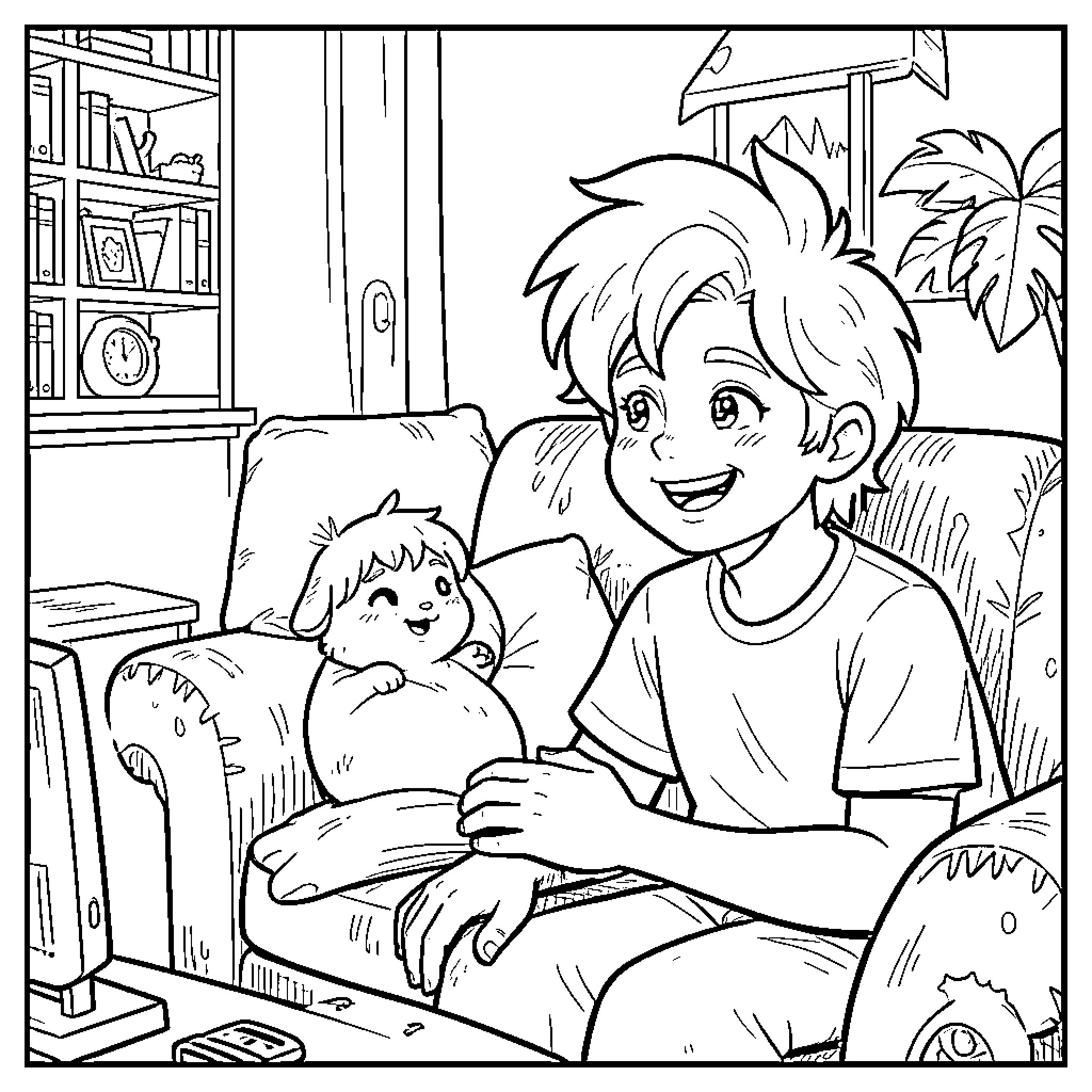 Cathan smiling while sitting on a couch with a pet Coloring Page (free black-and-white line drawing printable PDF for all, from beginners to advanced learners, including children, teens, adults, and seniors)