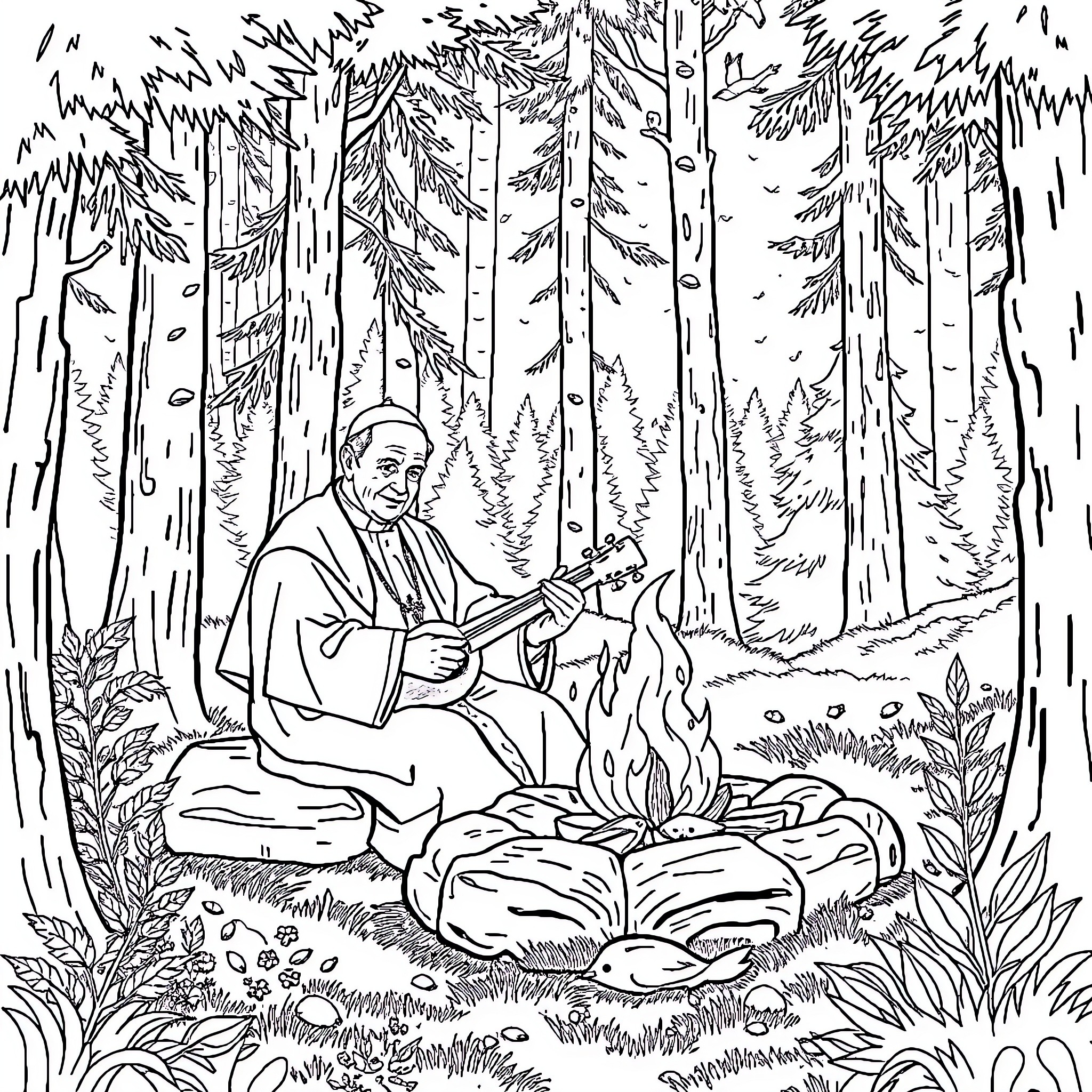 Pope Leo playing music in a forest setting Coloring Page (free black-and-white line drawing printable PDF for all, from beginners to advanced learners, including children, teens, adults, and seniors)
