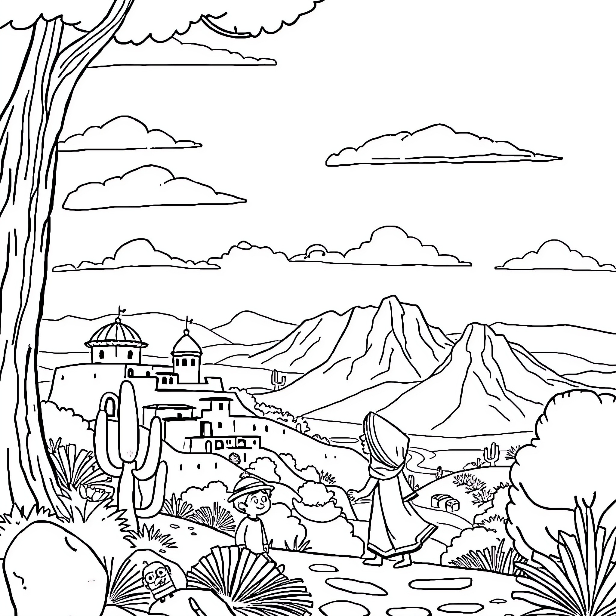 Gaby's Scenic Adventure in the Desert Landscape Coloring Page (free black-and-white line drawing printable PDF for all, from beginners to advanced learners, including children, teens, adults, and seniors)