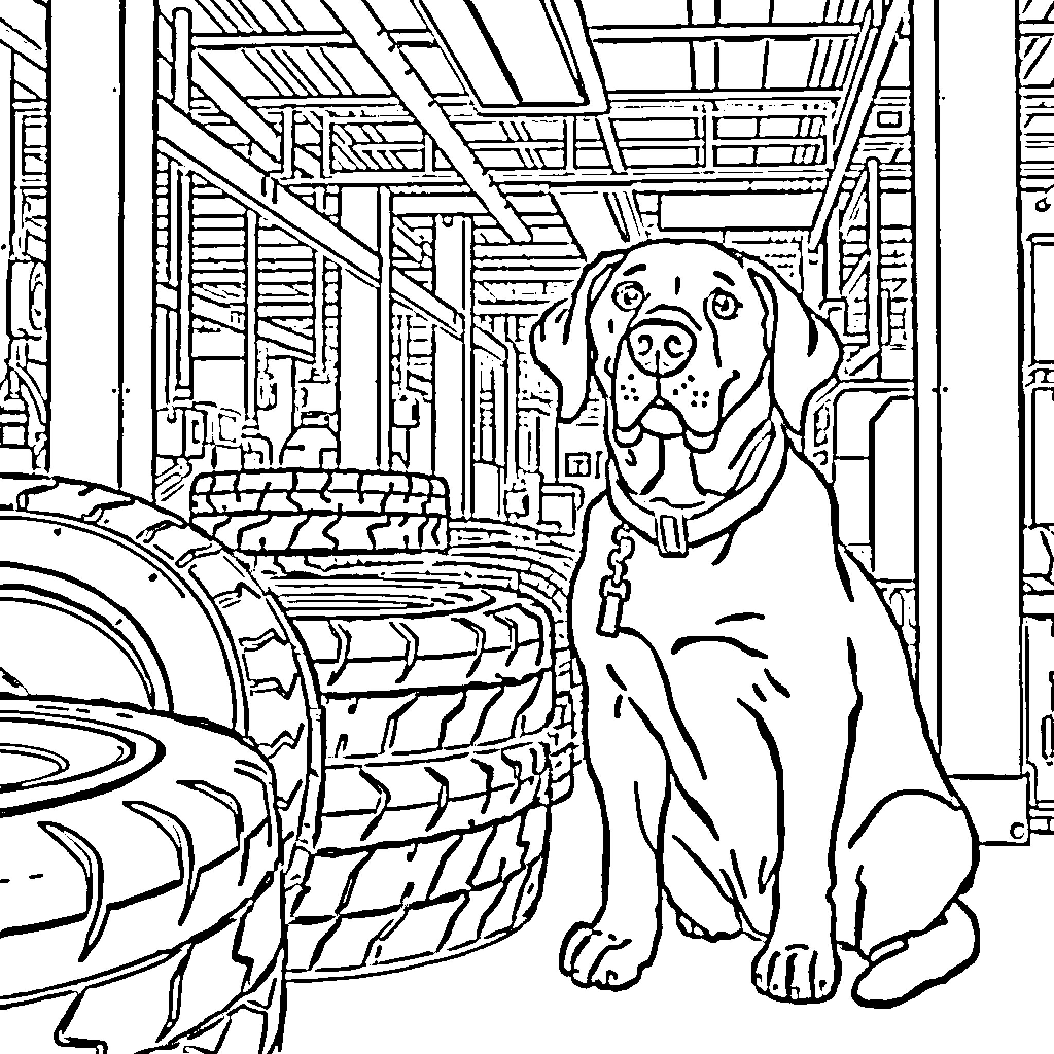 Lab Dog in Tire Workshop Coloring Page (free black-and-white line drawing printable PDF for all, from beginners to advanced learners, including children, teens, adults, and seniors)