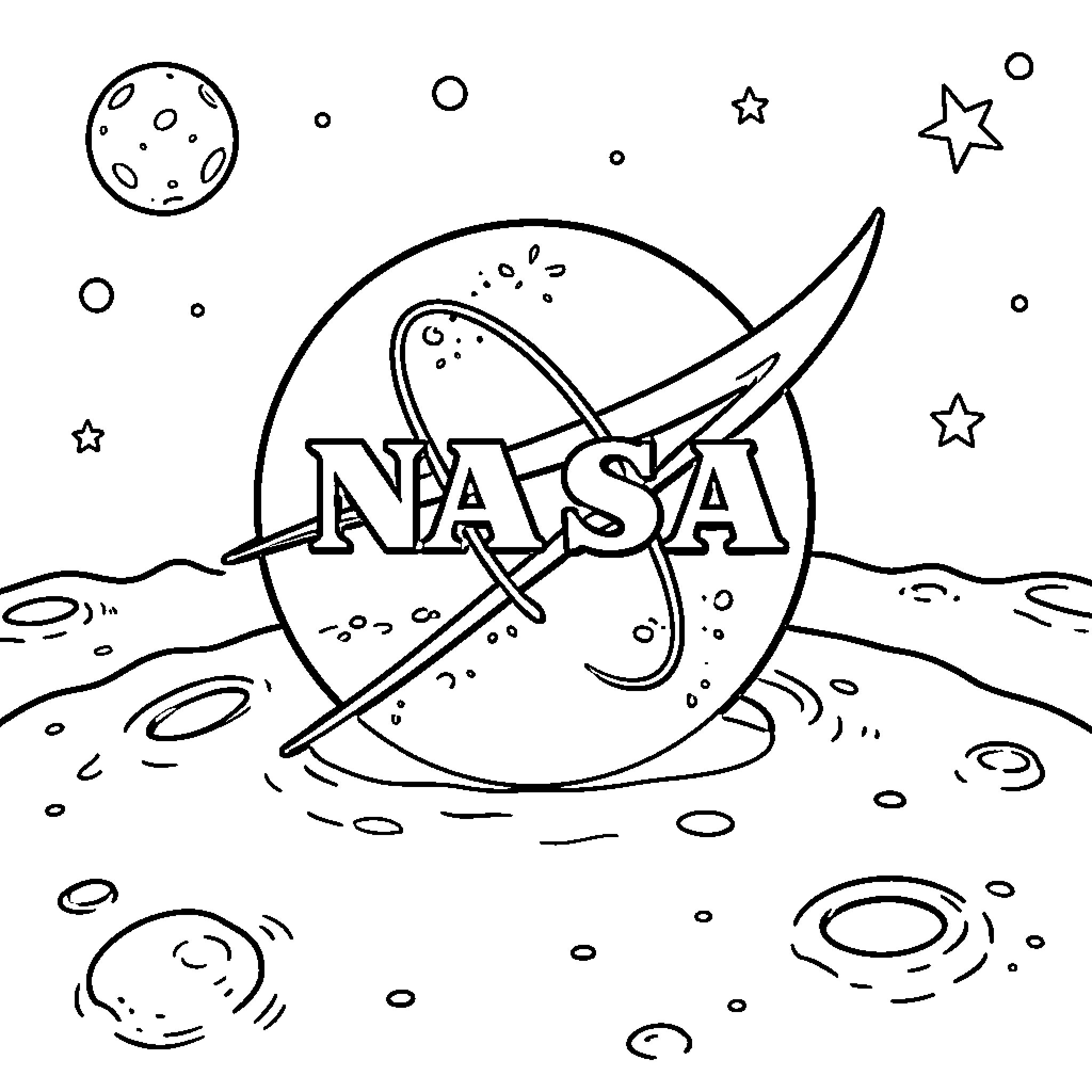 NASA Logo floating amidst planets and stars in space Coloring Page (free black-and-white line drawing printable PDF for all, from beginners to advanced learners, including children, teens, adults, and seniors)