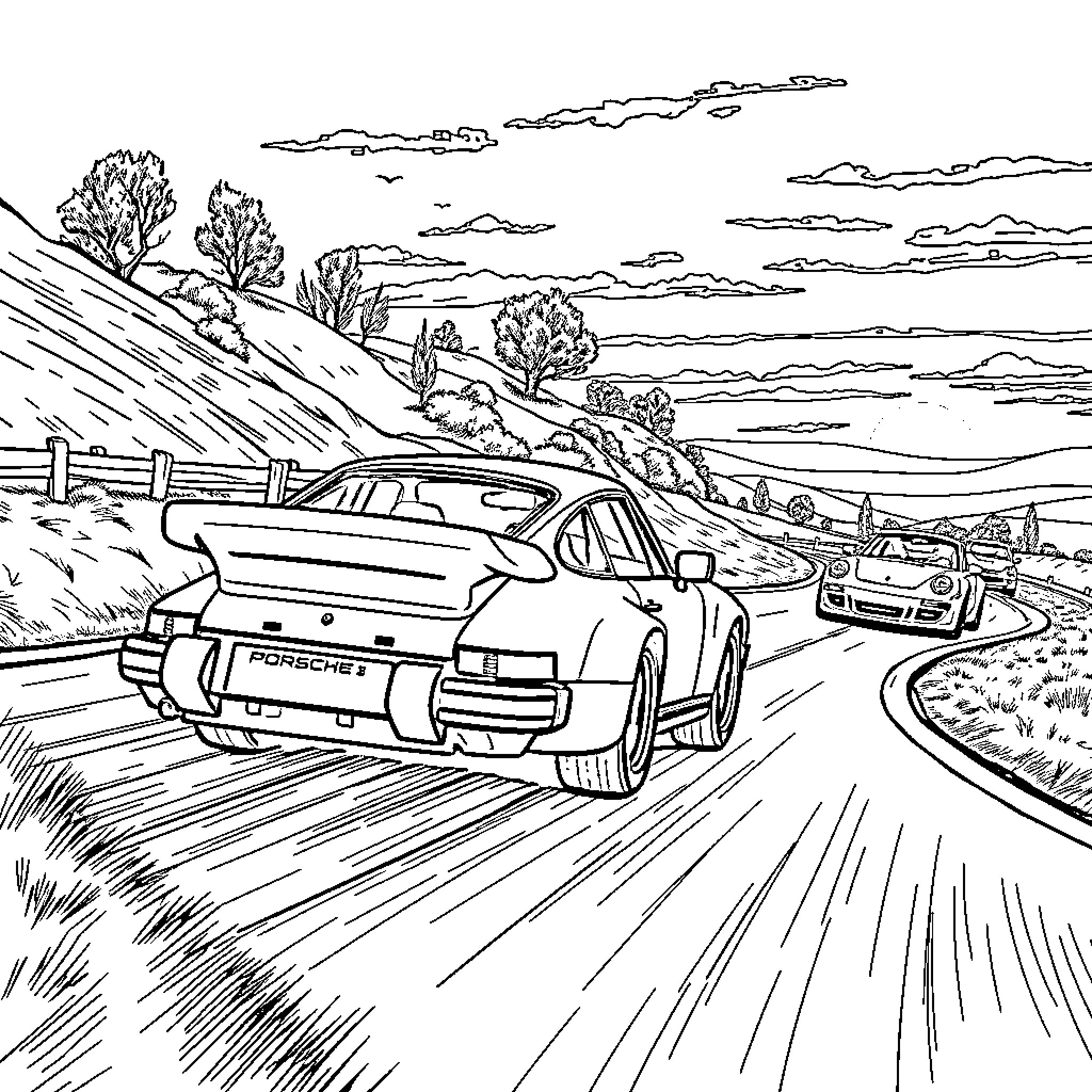 Porsche sports cars racing on a winding road Coloring Page (free black-and-white line drawing printable PDF for all, from beginners to advanced learners, including children, teens, adults, and seniors)