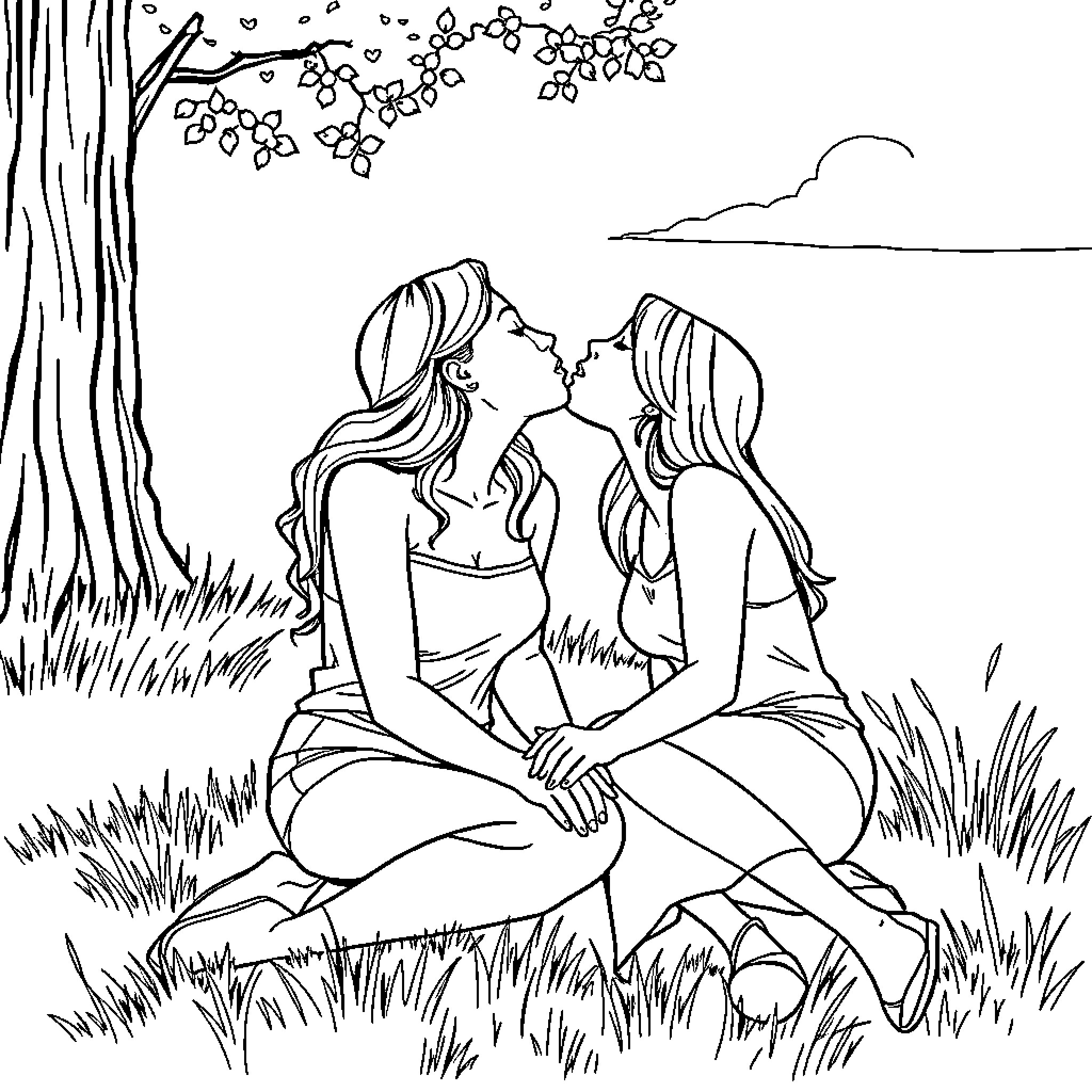 Lesbians cuddling affectionately in nature Coloring Page (free black-and-white line drawing printable PDF for all, from beginners to advanced learners, including children, teens, adults, and seniors)