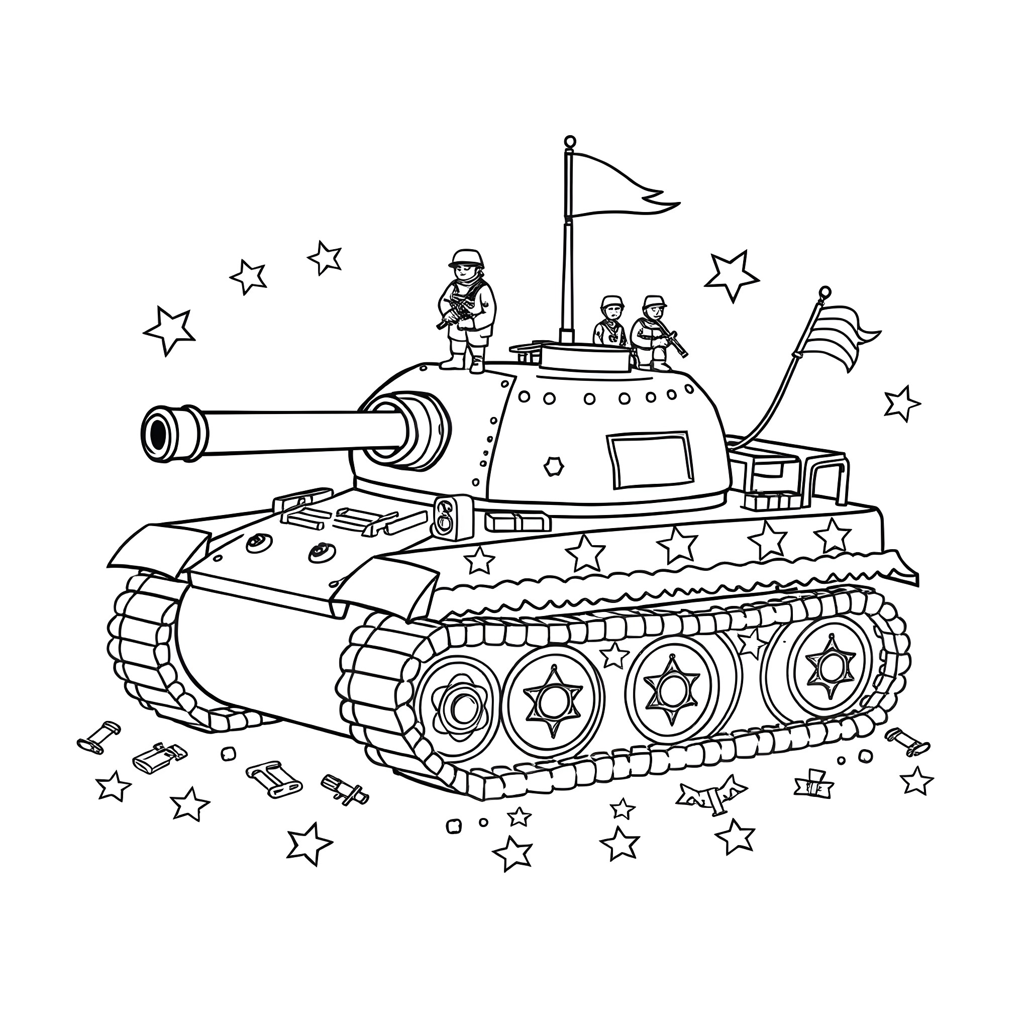 Tank Soldiers Charging with Stars in the Sky Coloring Page (free black-and-white line drawing printable PDF for all, from beginners to advanced learners, including children, teens, adults, and seniors)