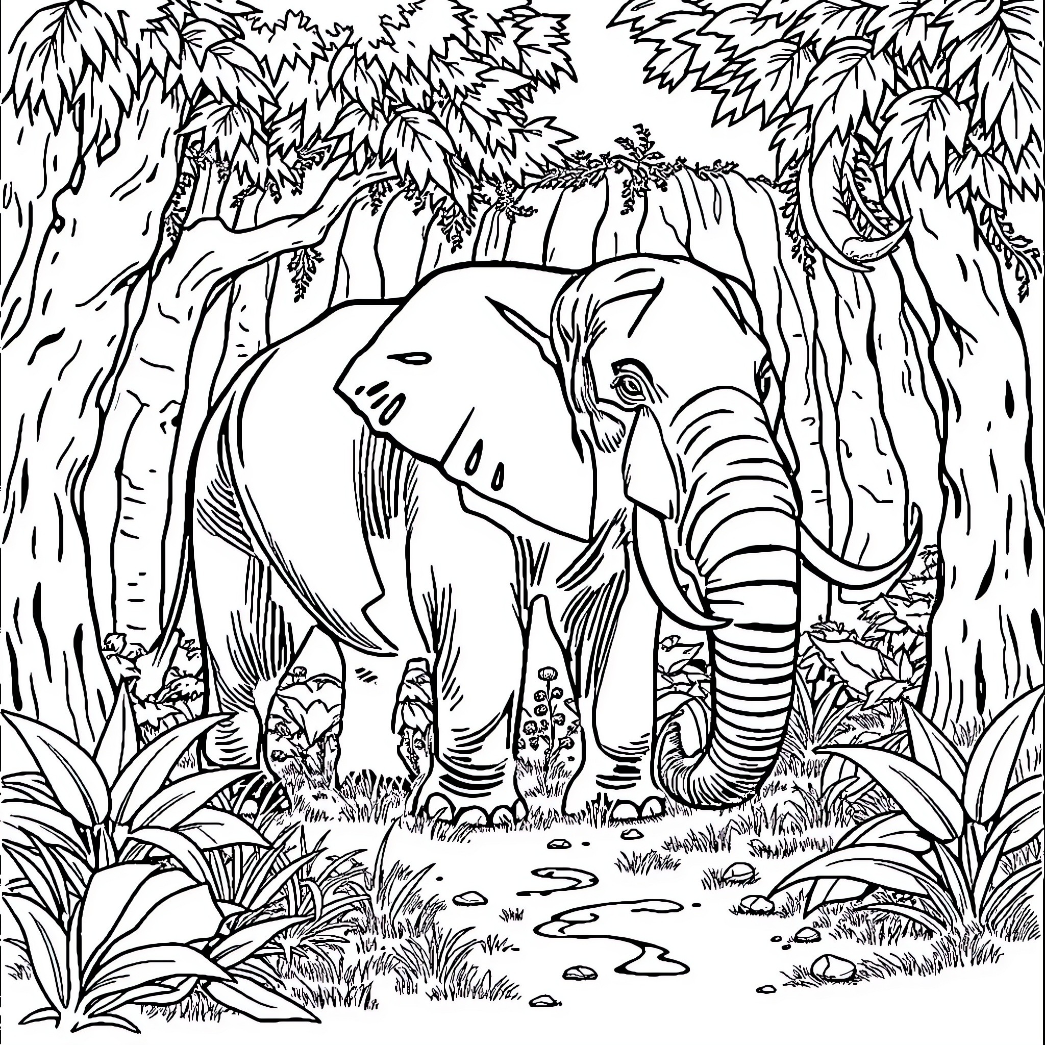 Elephant in lush tropical jungle Coloring Page (free black-and-white line drawing printable PDF for all, from beginners to advanced learners, including children, teens, adults, and seniors)